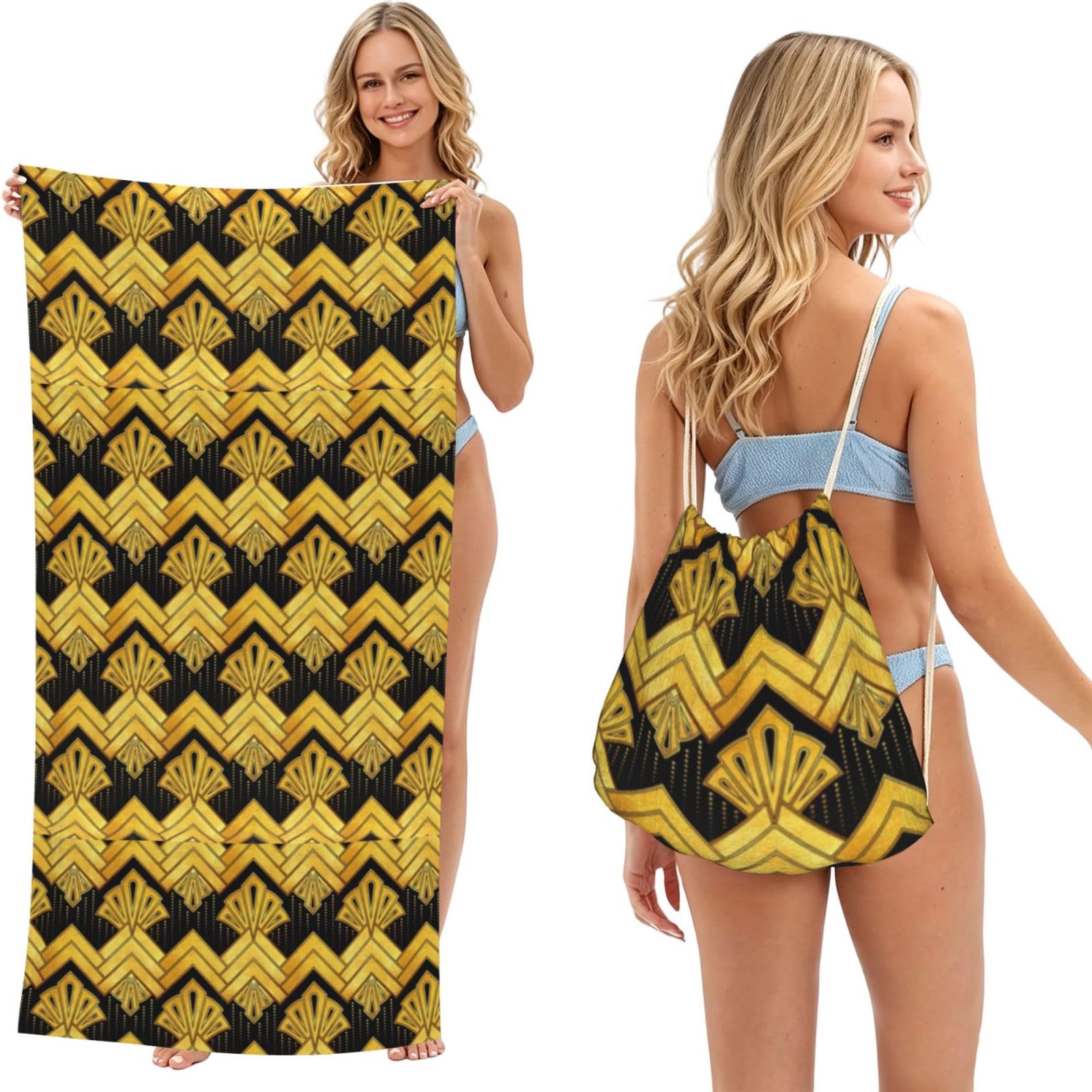 Poadnly As Picture Art Deco Gold, 2 In 1 Packable Towel Bag, Beach Towels With Drawstring Backpack For Travel Holiday Camping