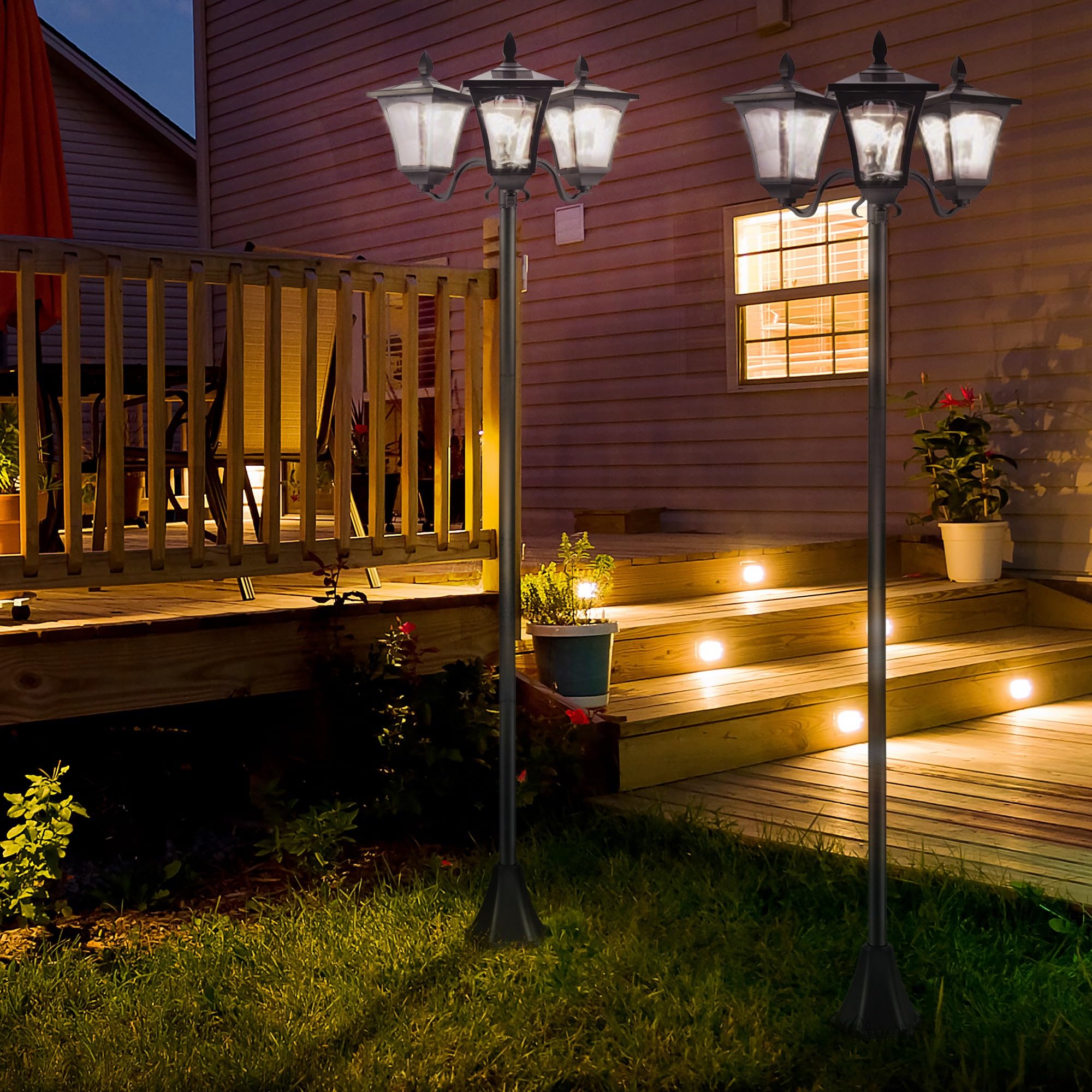 Outsunny Set 2 Lampioncini Solari da Esterno a 3 Luci, Lampade da Terra a Energia Solare Impermeabili IP44, 51.5x47x182.5cm, Nero
