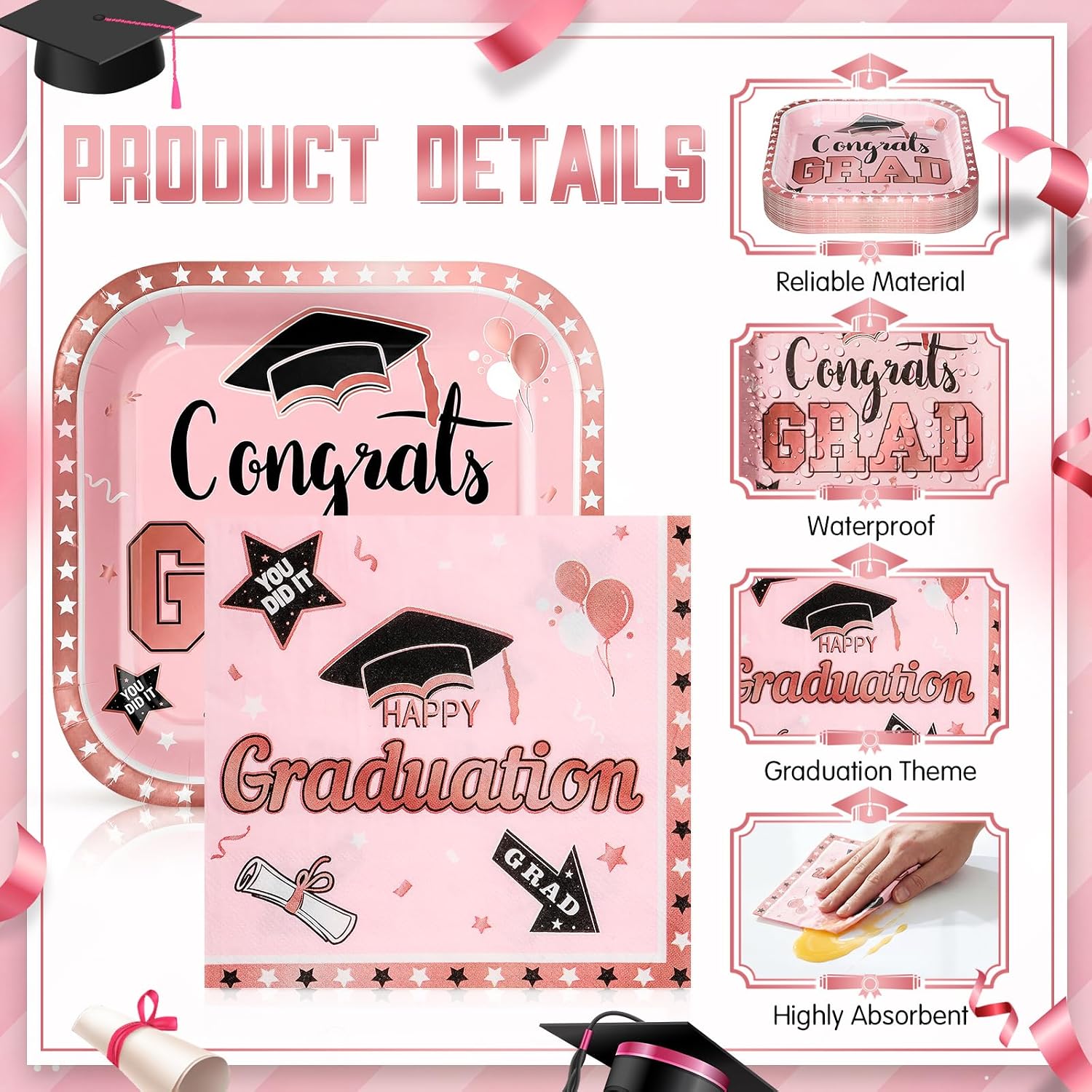 Zhehao 72 Pcs 2026 Graduation Plates and Napkins Set Serve 36, Pink and Rose Gold Graduation Party Supplies, 7" Congrats Grad Paper Plates and Napkins Class of 2026 Disposable Dinnerware Decoration image 4