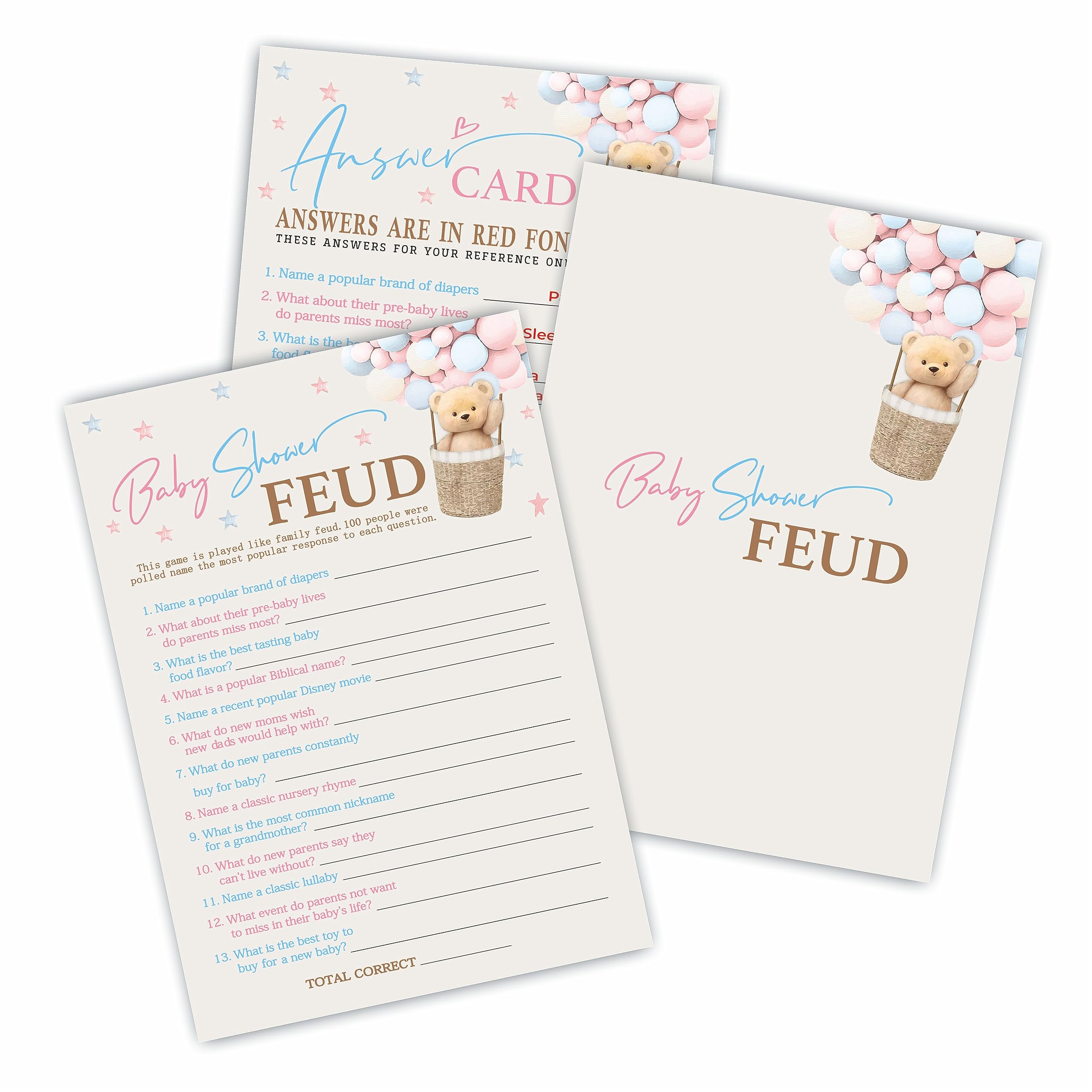 30 Baby Shower Feud Game - 5"X7" Bear Hot Air Balloon Style Game Cards & 1 Answer Cards, Gender Reveal Party & Activity - Gender Neutral Boys And Girls - Baby Shower Party Favors And Decorations-D05