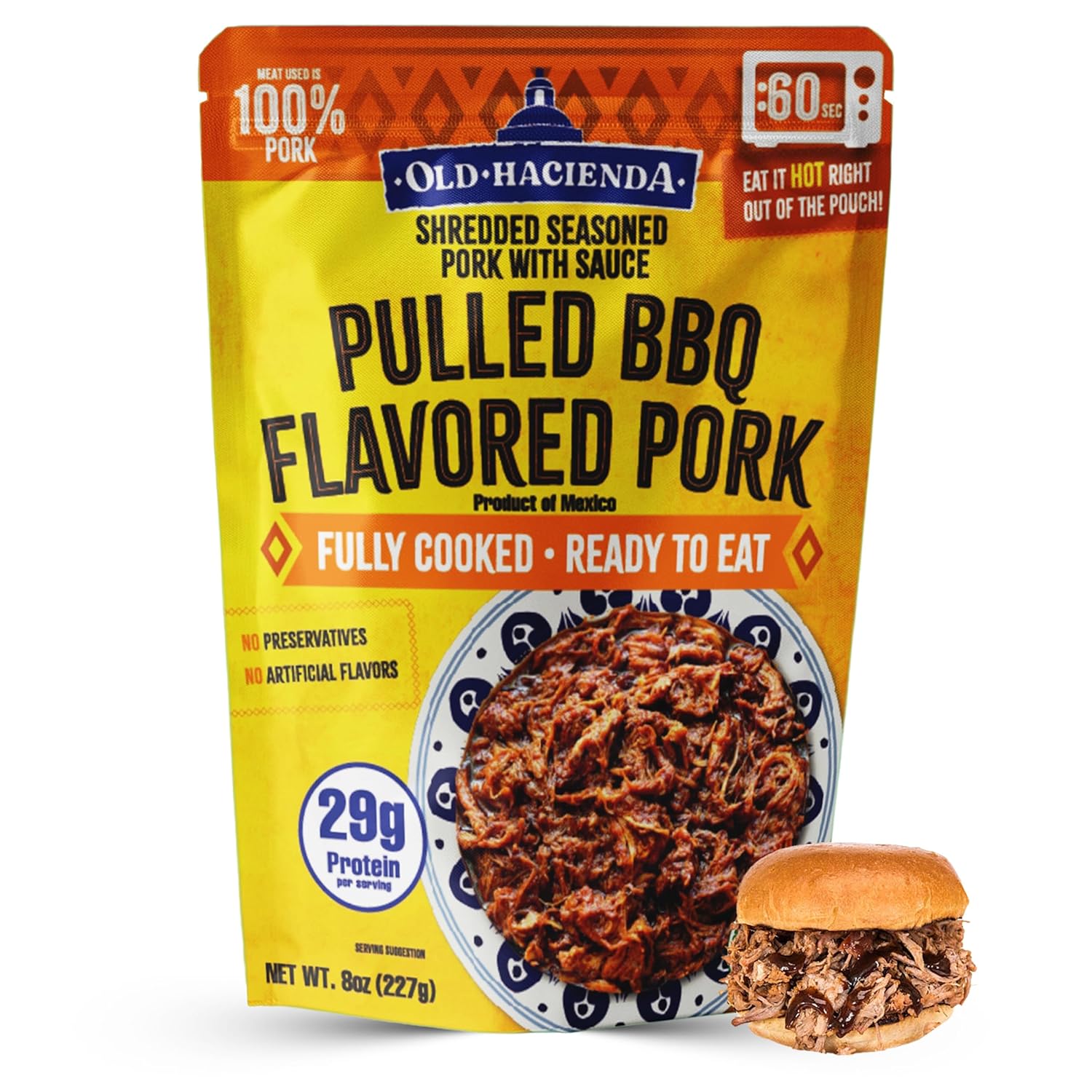 Old Hacienda Pulled BBQ Pork - Fully Cooked Shredded Real Pork with Sauce, 29g Protein, No Preservatives, BPA-Free 8oz Pouch