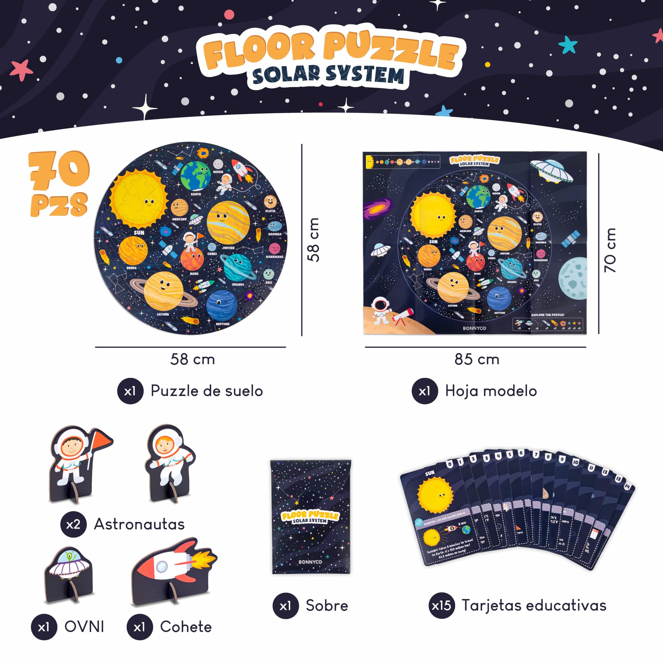 BONNYCO Puzzle XXL Sistema Solar para Niños con 70 Piezas Grandes. Rompecabezas Redondo Planetas 58 x 58 cm, 15 Tarjetas, 4 Figuras y Guía. Juegos Educativos, Regalos, Juguetes Niños 4 Años
