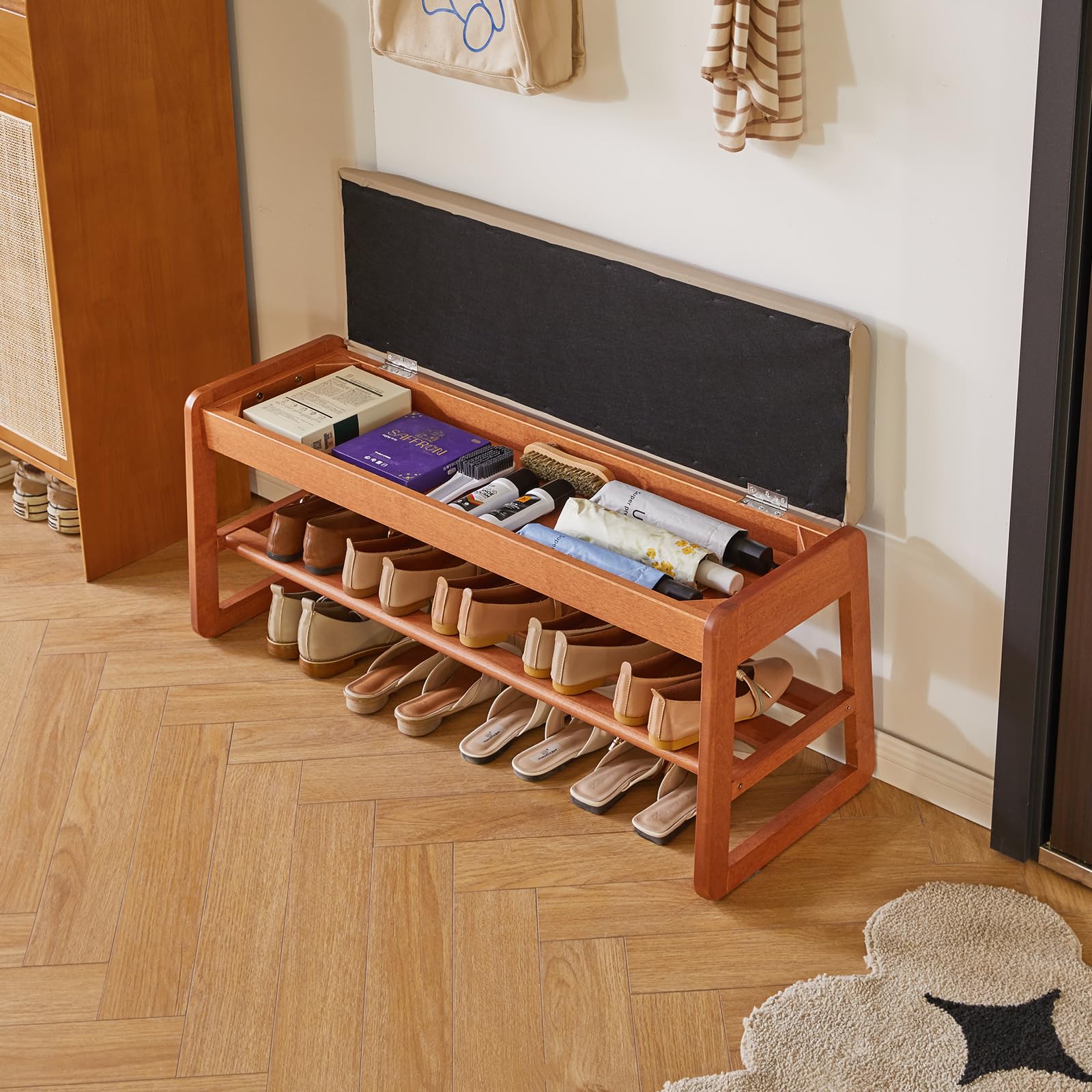 Aibiju Schuhbank mit Kissen, Aufbewahrungsbank mit gepolsterter Sitzfläche, 100 cm Schuhregal für Eingangsbereich, Wohnzimmer, Flur, Schlafzimmer, Kirschholzfarbe YD-WD062C