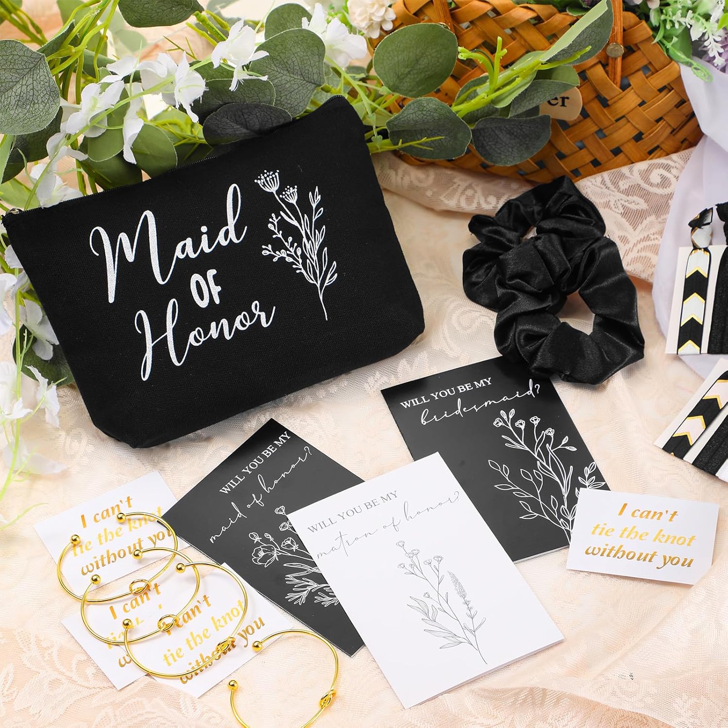 Cunno 48 Pcs 8 Sets Bridesmaid Proposal Gifts Bulk Wedding Will You Be My Maid of Honor Matron of Honor Bridal Shower Makeup Bags Scrunchies Bracelets Cards for Wedding Bridesmaids(Black) - Image 3