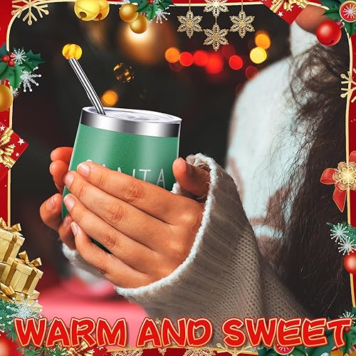 Miniatura 7 de 6 vasos de vino de acero inoxidable de Navidad de 12 onzas, vaso de vino aislado divertido con tapa, popote y cepillo, tazas de vino aisladas para