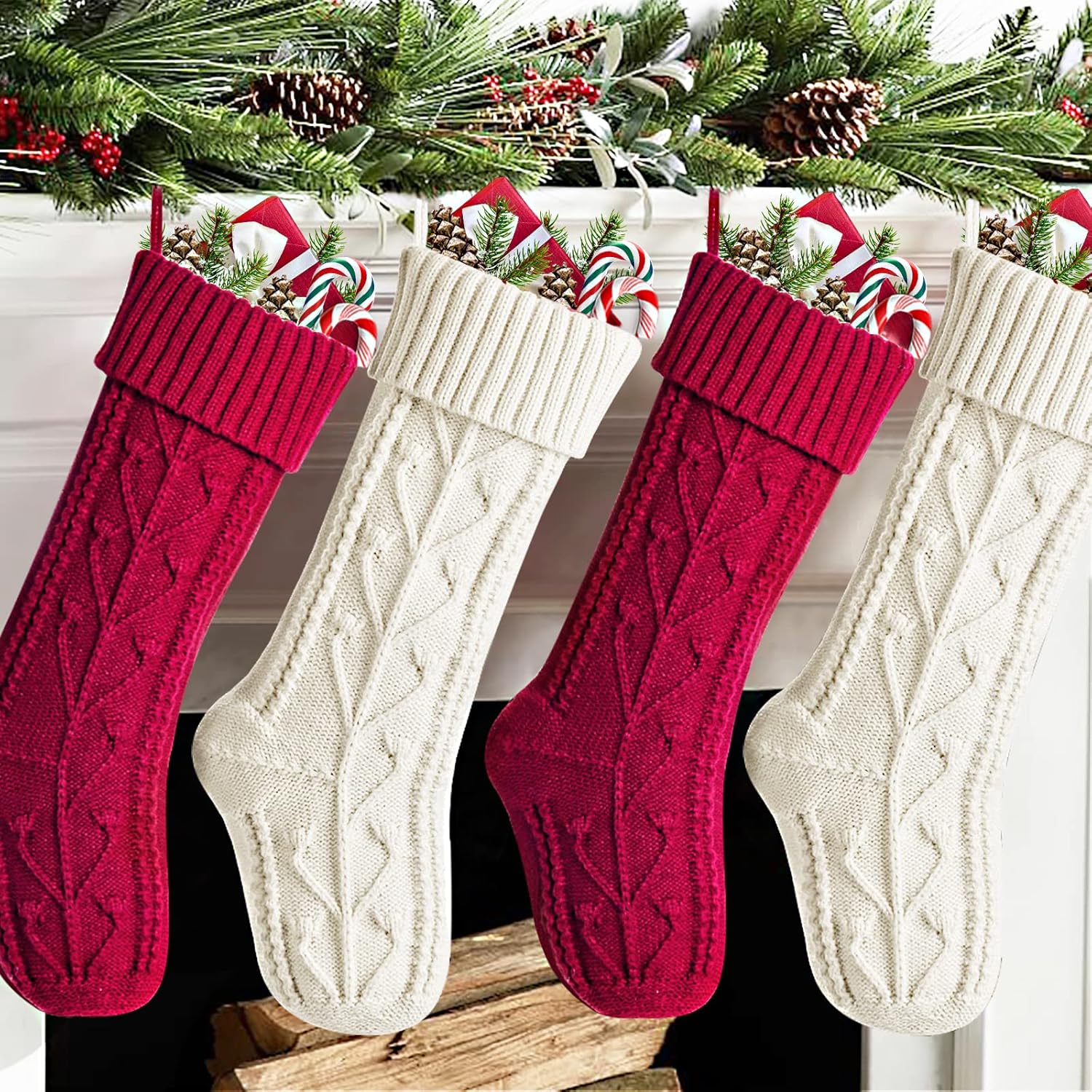 Meriwoods Christmas Stockings 4 Pack 18 Inch, Large Cable Knit Xmas Stocking for Family, Knitted Country Rustic Personalized Holiday Indoor Decorations, Burgundy Red & Cream White