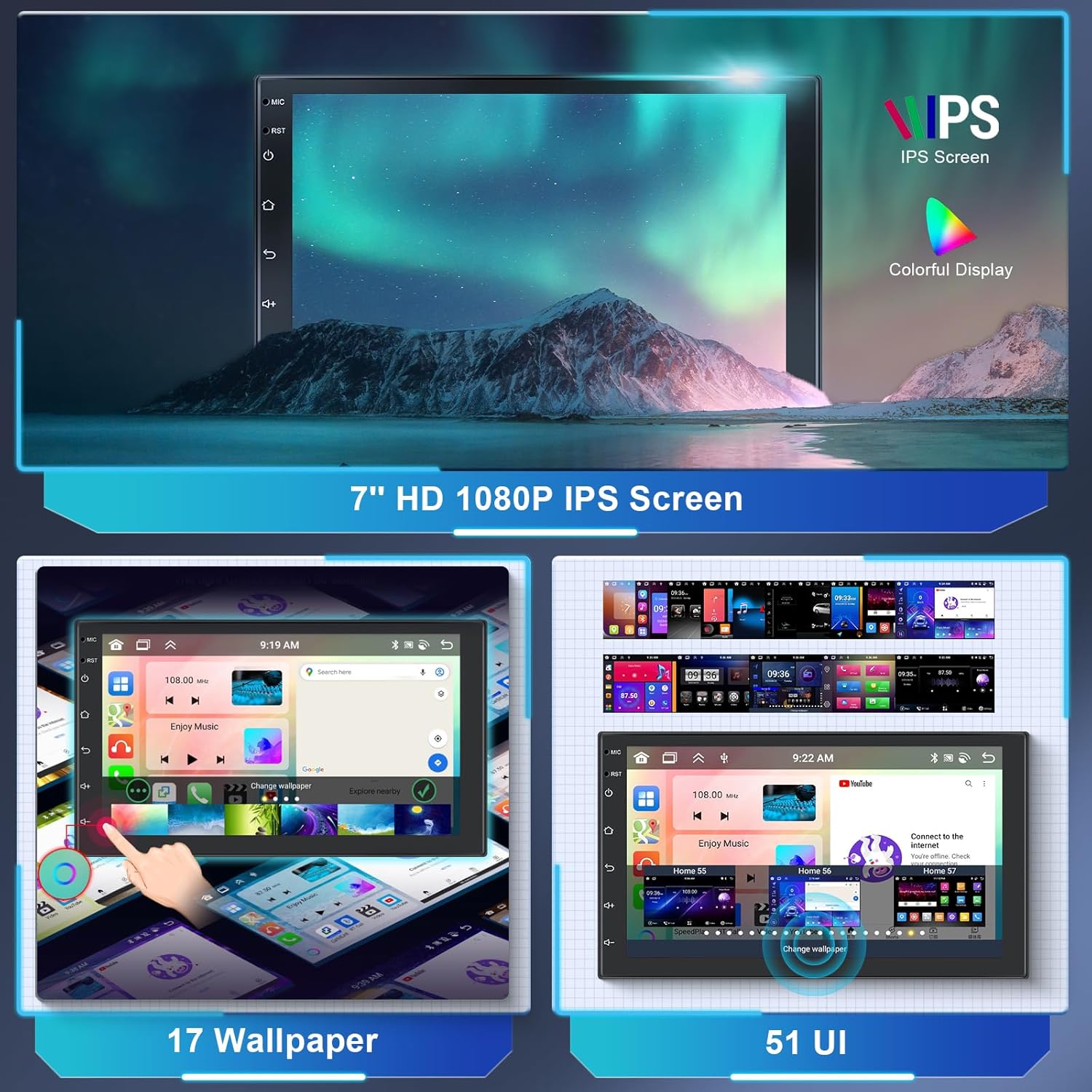 Hodozzy car stereo screen showing 17 wallpaper options and 51 UI interfaces.