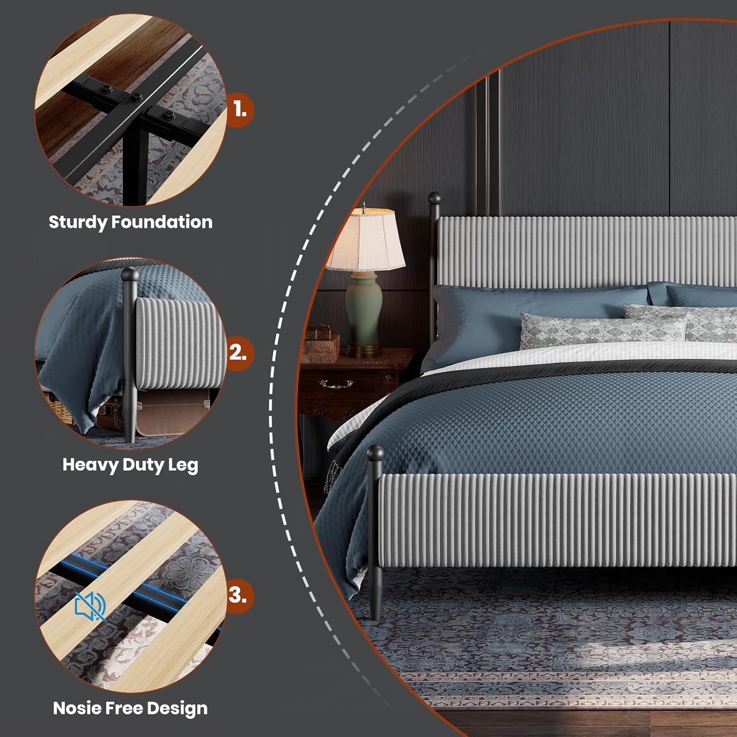 Garvee King Size Upholstered Bed Frame - with Velvet Headboard, Soft Corduroy Fabric Platform with Wooden Slats Support & Heavy Duty Feet, No Box Spring Needed, Noise Free, Easy Assembly, Grey