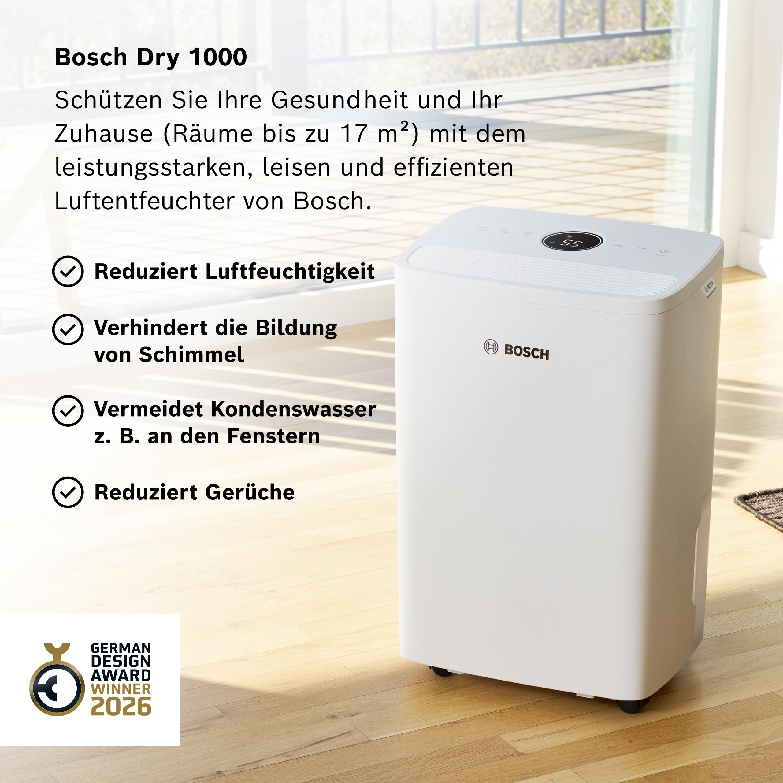 Bosch Dry 1000 Luftentfeuchter + Ersatzfilter für Luftentfeuchter der Dry Serie Bundle - Mit 2er-Pack Filter, 3 Modi und 2,5-Liter-Wassertank - Für Räume Bis Zu 17 m²