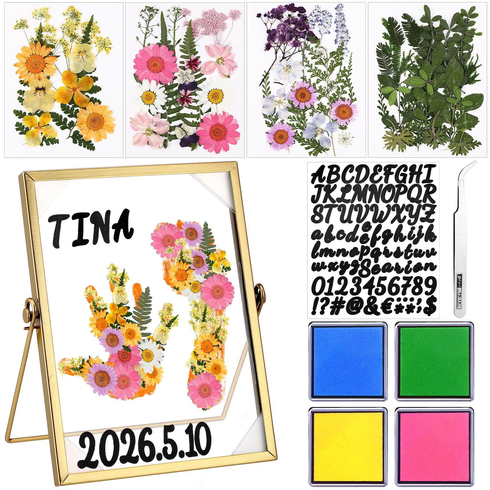 Knitgrip 10 Pcs Mother's Day Crafts DIY Kit Family Pressed Flower Handprint Frames Kits Bulk Dried Flower Frame Ink Pads Nana Mom Grandma Birthday Gifts from Son for Father's Day Gifts