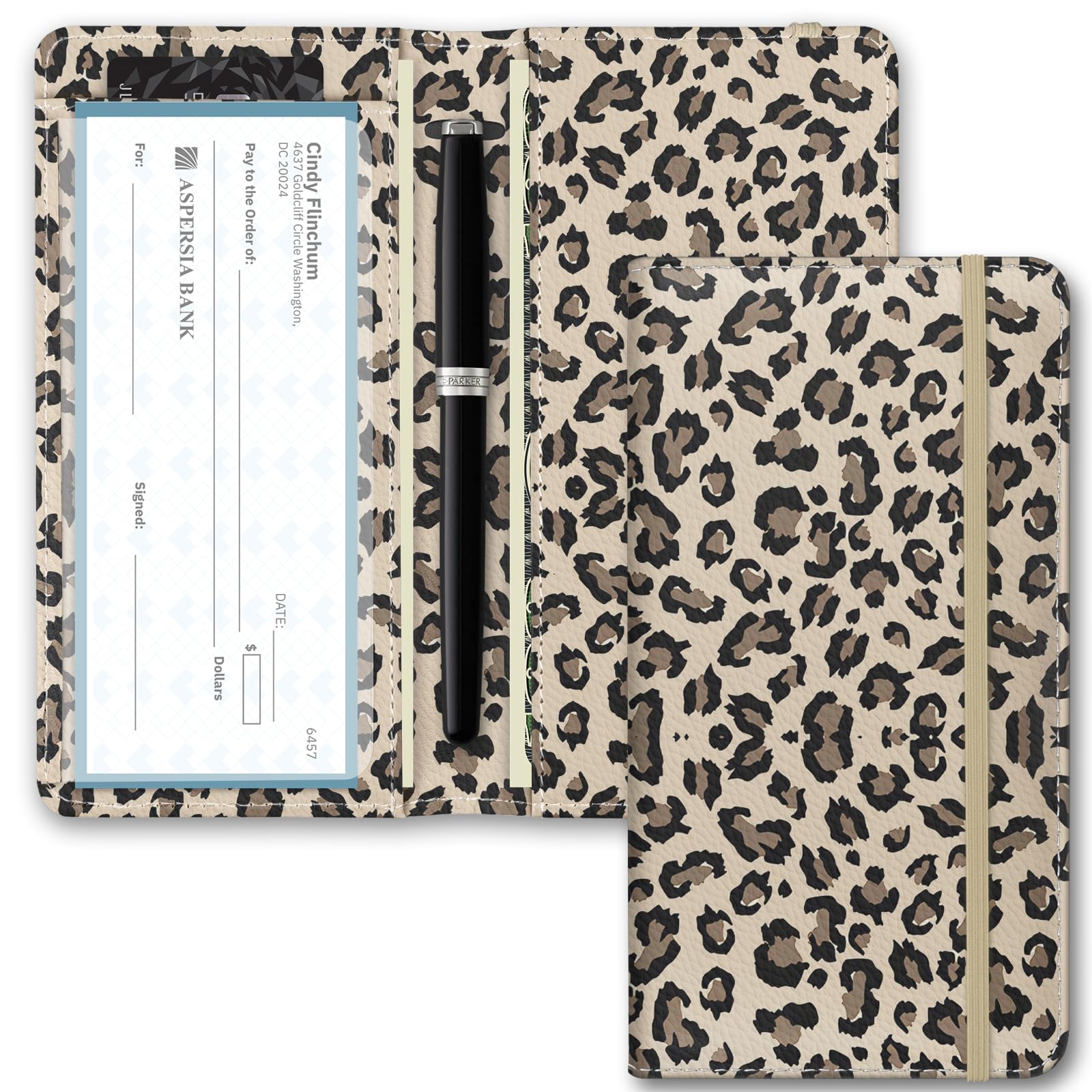 Checkbook Cover for Men Women, Premium Leather Checkbook Holder with RFID Blocking and Built in Clear Plastic Divider for Personal and Business Checks (Leopard-Yellow)