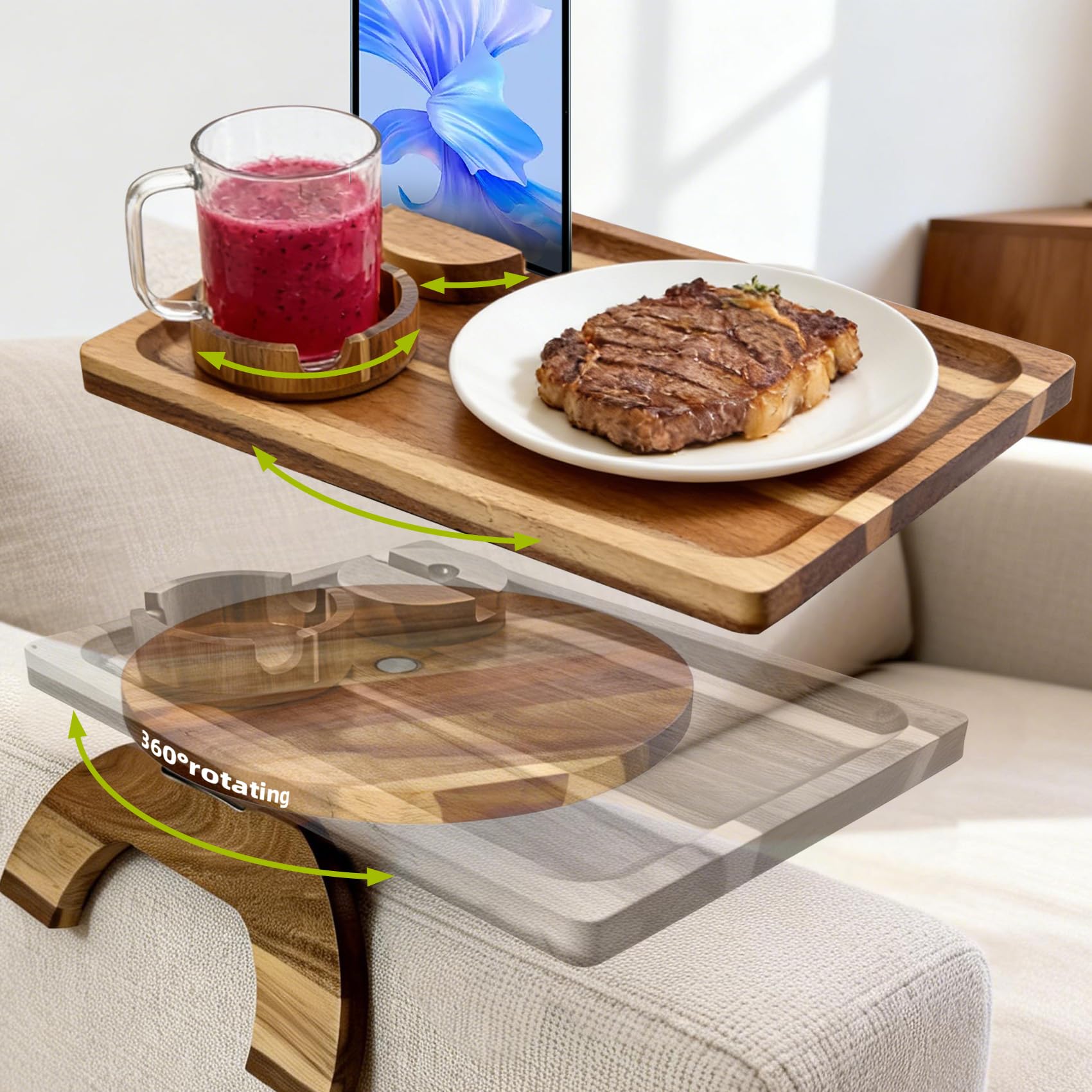Photo 1 of 360° Detachable Rotating Acacia Wood Sofa Arm Tray Table, Serving Tray Clip On Couch Armrest Table with Cup Holder & Phone Stand, TV Dinner Tray for Eating on Sofa, TV Trays Fits for Small Spaces