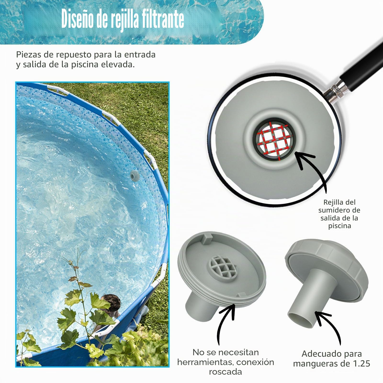 Kit de Coladores pequeños para Piscinas, conexión de Manguera de Boquilla de Piscina con 4 Tapones de Pared para Piscina, tapón de tapón de Agujero Compatible con Intex y Bestway