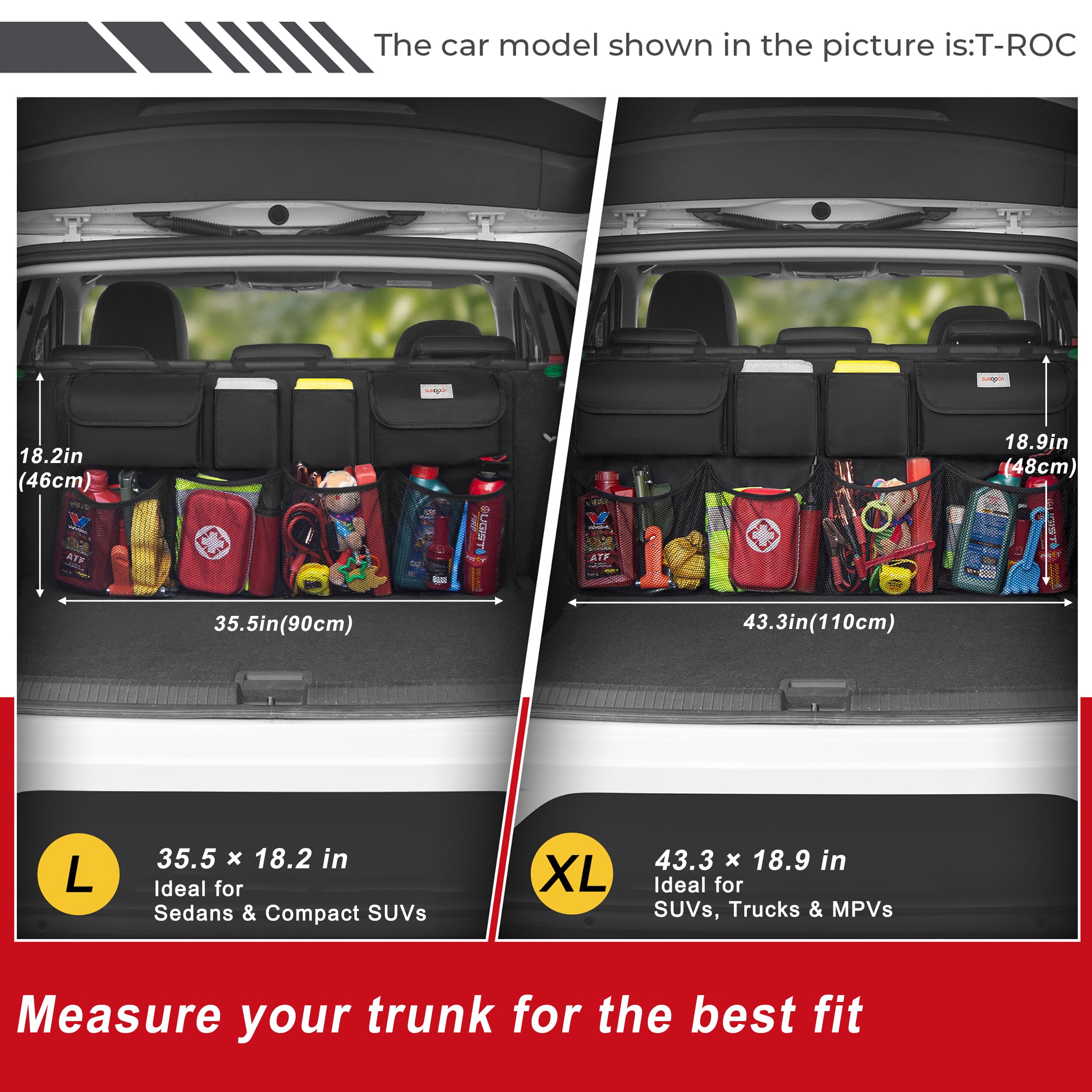 SURDOCA Organiseur de coffre de voiture, 4e génération 8 Upgrades, Organiseur de voiture XL, Sac de coffre, Accessoires intérieurs avec couvercle, peu encombrant, Noir, Grande taille