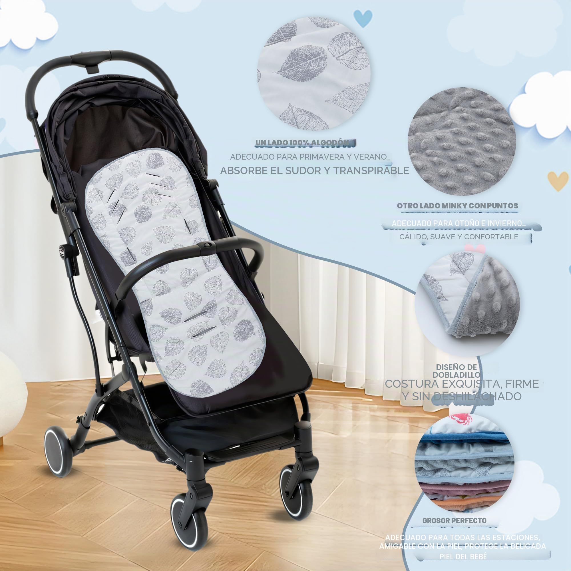 LAT Colchoneta Silla Paseo, Almohadilla Reversible para Cochecitos, Cojín Doble Cara para Silla de Auto y Carrito, Suave y Transpirable, Funda Universal para Bebés y Niños Pequeños (Hoja Gris)