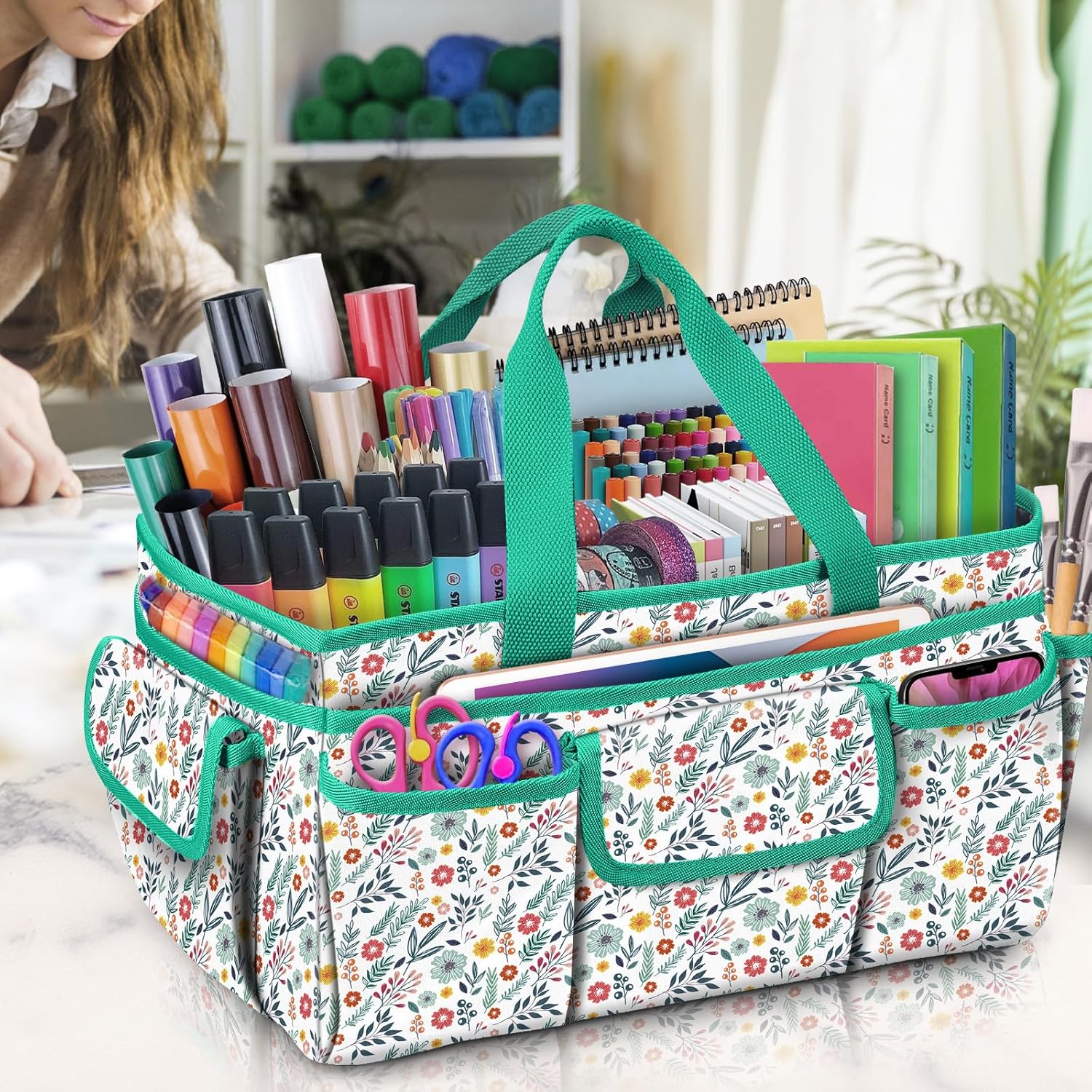 FINPAC Craft Storage Tote Bag with Multiple Pockets, Scrapbooking Carrying Case Storage Caddy with Handle for Sewing, Art, Desktop, Baby Care Supplies (Spring Bloom)
