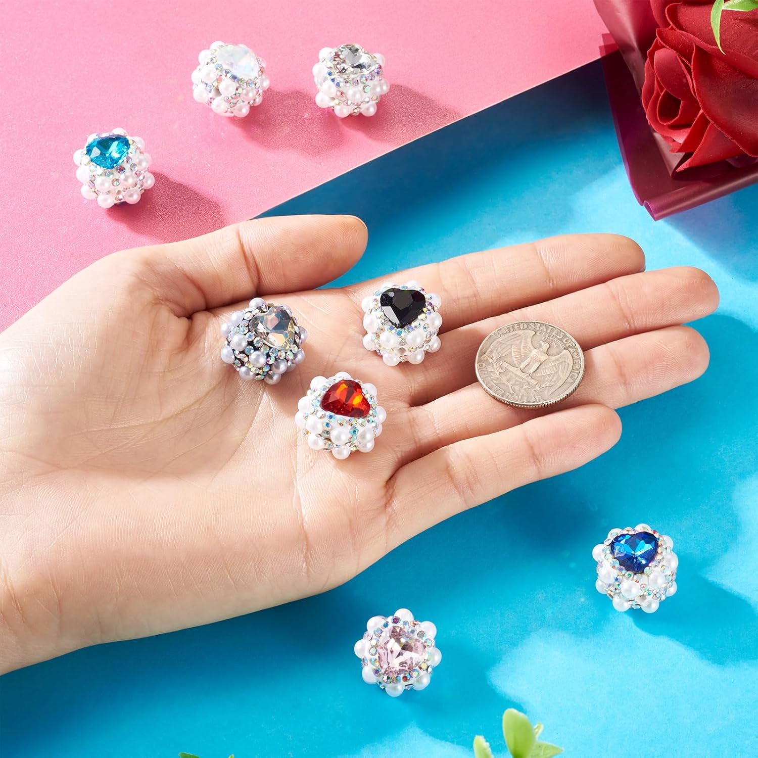 8Pcs Rhinestone Focal Beads for Pen Sparkly Clay Pave Beads Fancy Bling Heart Beadable Focal Beads with Imitation Pearl Beads for Pens Necklace Bracelet - Image 4