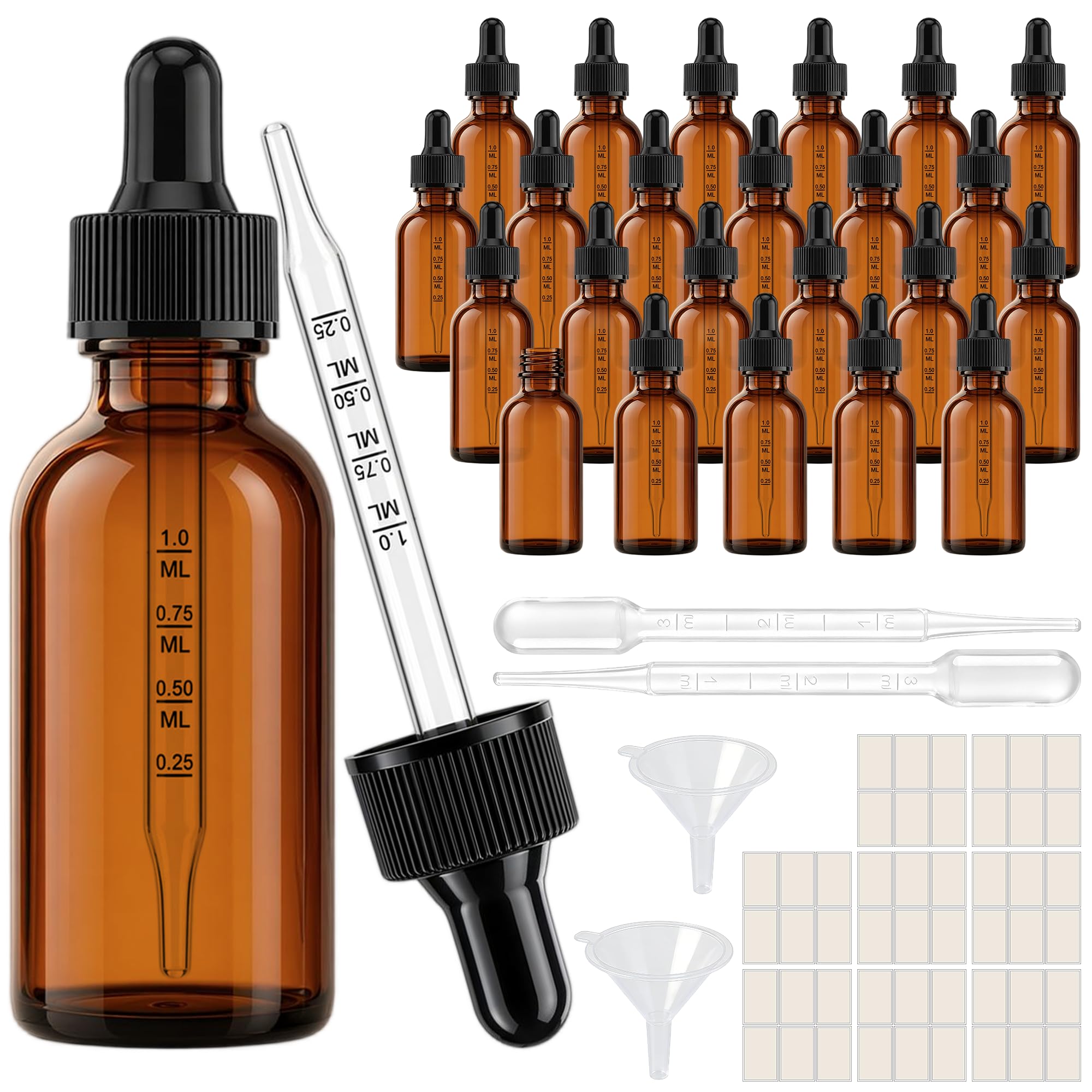 PrettyCare 24 Pack 2 oz Amber Glass Dropper Bottles with Graduated Scale, Thick Tincture Bottles for Essential Oils, Hair Oil &amp; Perfume - Refillable Travel Containers with Silicone Tips for Lab