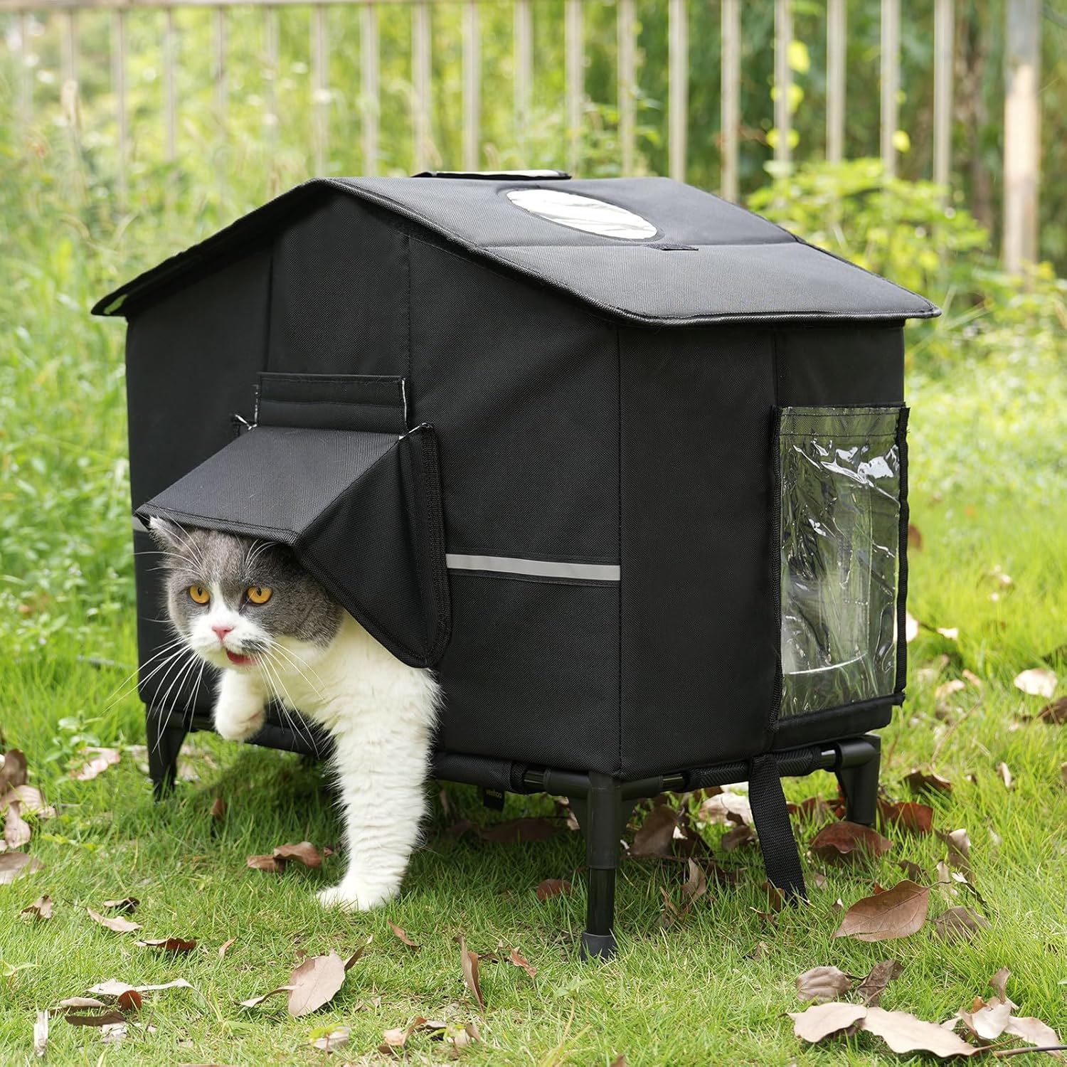 Veehoo Outdoor Cat House Weatherproof, Outside Insulated Feral Cat Shelter with Elevated Base, Waterproof Eaves & Escape Door for Stray Barn Cats, 20.9"x13.0"x22.4"