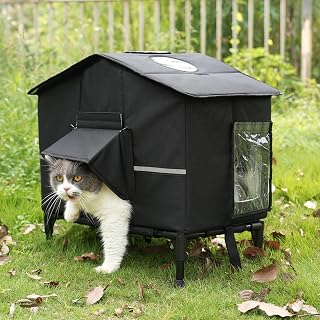 Veehoo Outdoor Cat House Weatherproof, Outside Insulated Feral Cat Shelter with Elevated Base, Waterproof Eaves & Escape Door for Stray Barn Cats, 20.9"x13.0"x22.4"