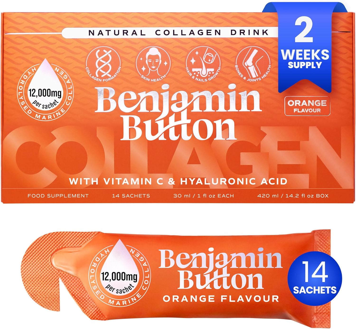 Benjamin Button Marine Collagen Liquid Sachet w/Hyaluronic Acid & Vitamin C | for Hair, Skin, Nails & Joints | 12,000mg High Strength Hydrolysed Collagen (Orange, 14x Sachets)