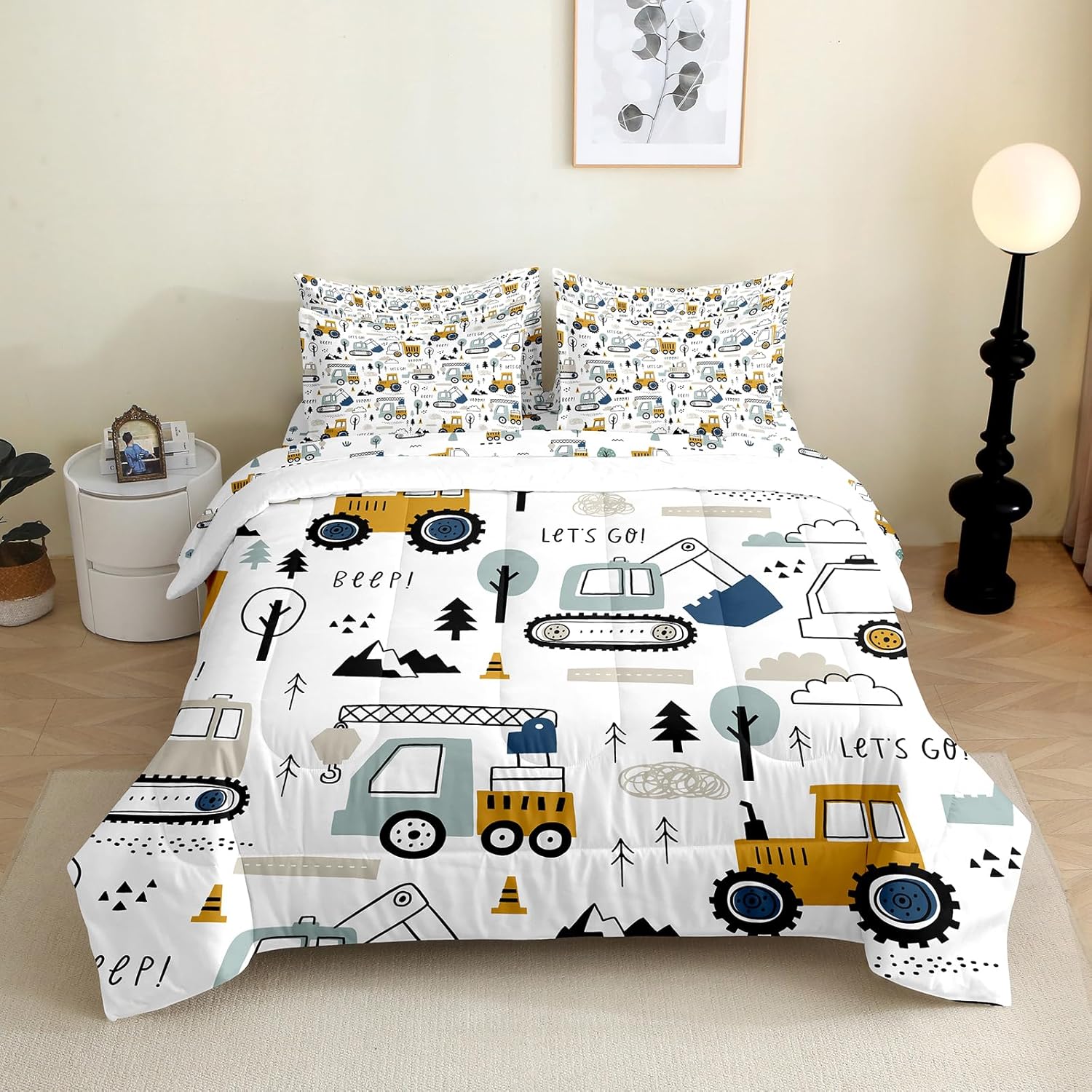 7 Pieces Construction Comforter Set for Kids Toddler Twin Size Truck Car Bedding Set for Boys Girls Teens Bed in a Bag with Comforter, Sheets, Pillowcases & Shams