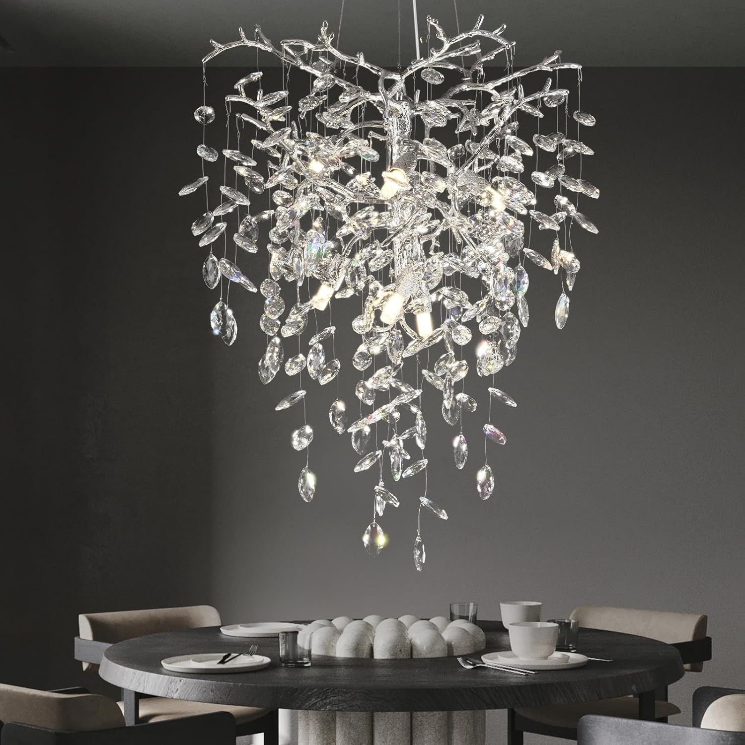 Silver Crystal Tree Branches Chandelier,21 Inchs 6 Lights Modern Round K9 Crystal Chandeliers for Dining Room, Bedroom, Living Room, Foyer,Kitchen Island,Bathroom Silver A-Round-D 21 Inch