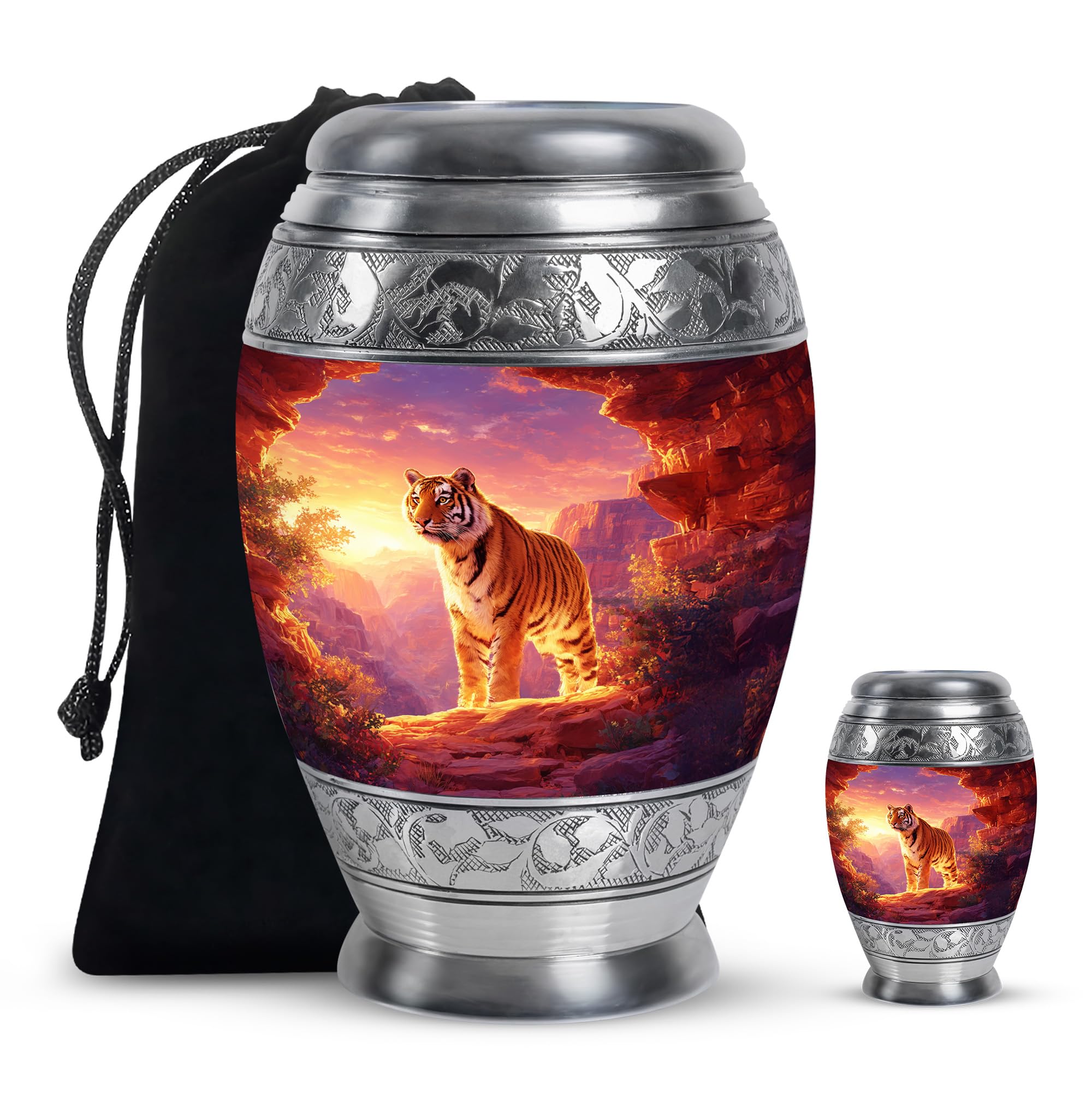 Tiger Cremation Urn, Funeral Urns for Parents, Ash Container for Father and Mother, Burial Urn for Human Ashes, Urns for Dad and Mom, 10 Inch, 3 Inch Keepsake, Purple and Orange