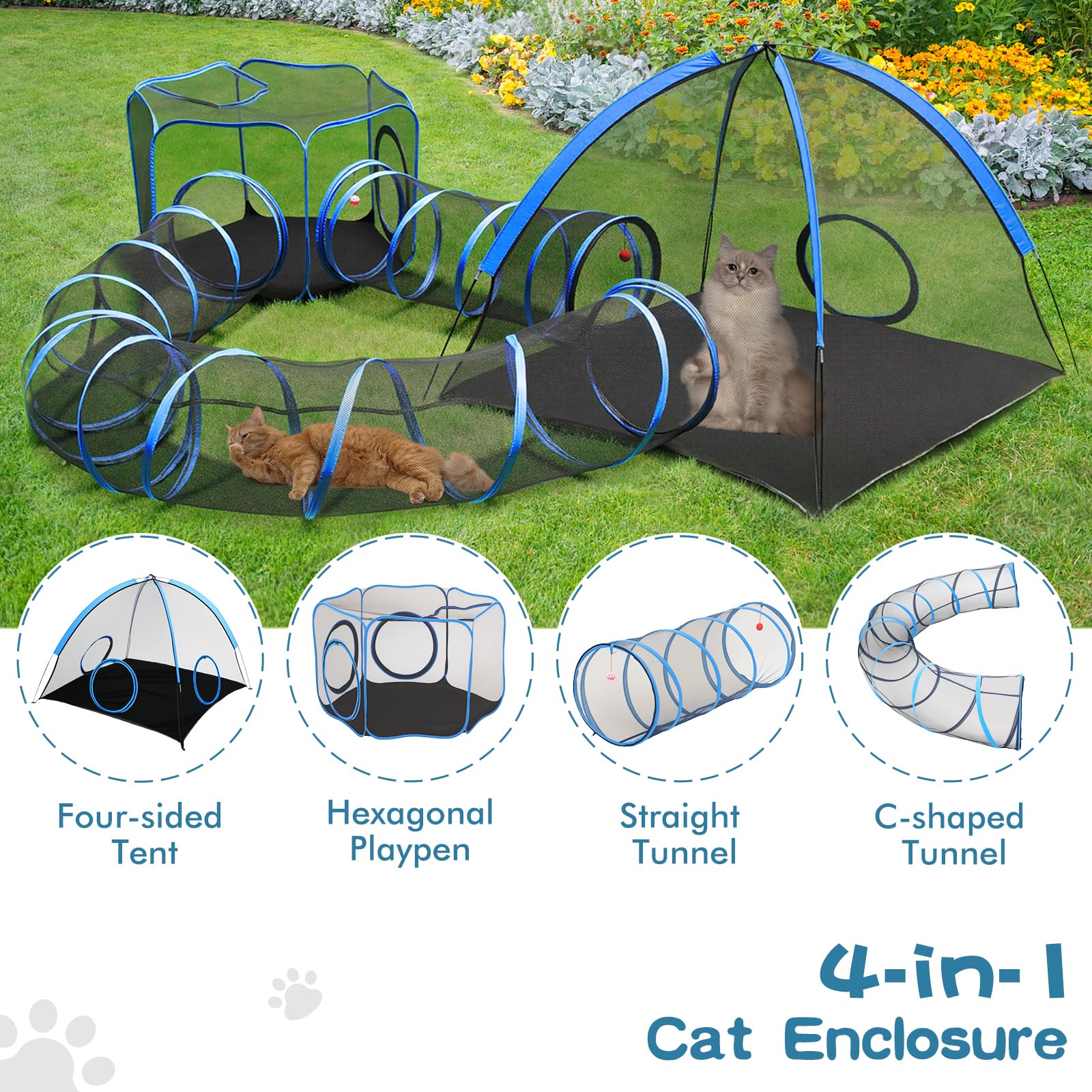 Outdoor-Katzengehege, 4-in-1-Katzenzelt Outdoor Pet Playpen mit Tunnel, tragbare Catio Play Pen für draußen und drinnen Katzengehege mit Aufbewahrungstasche für Kitty und kleine Tiere