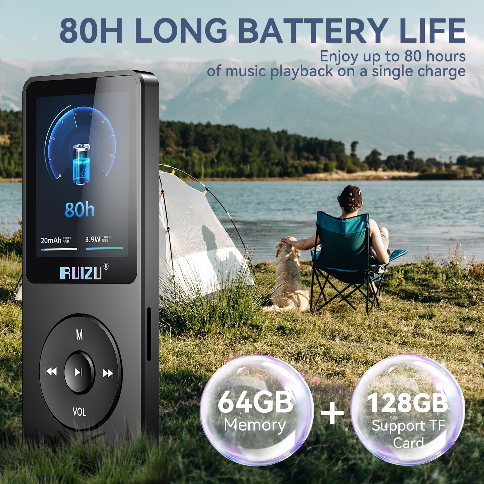 RUIZU Lettore MP3 64GB Bluetooth 5.3 Portatile con Tasti Fisici | Solo 30g, display da 1,8", fino a 80 ore di riproduzione, memoria espandibile MicroSD fino a 128GB.