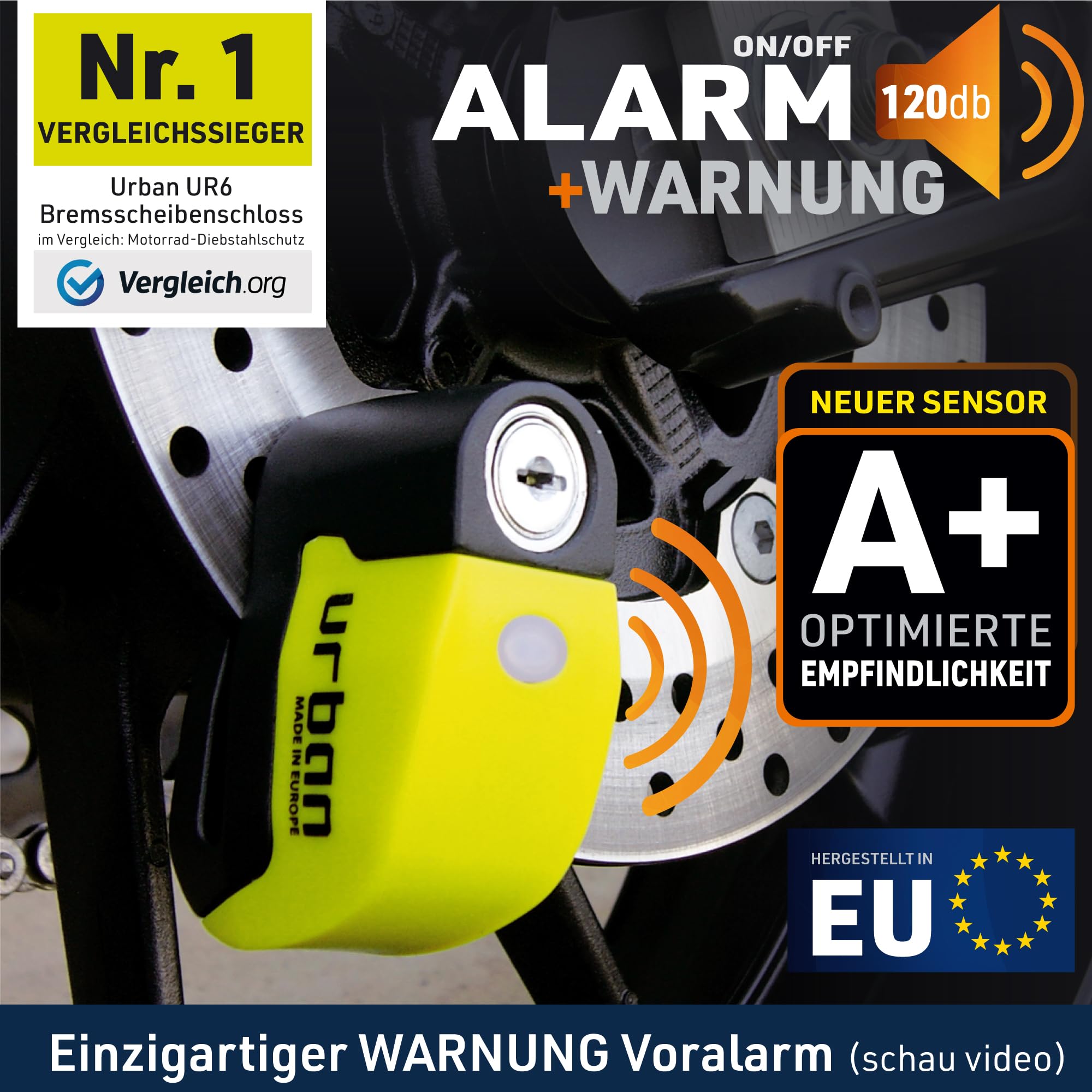 URBAN UR6 Bremsscheibenschloss mit Intelligentem Alarm | Effektiver | Hi-Tech, 120dB, LED, Warnfunktion A+ Empfindlichkeit, Langlebige CR2 Batterie, Wasserdicht, Motorrad Schloss Fahrradschloss, 6mm