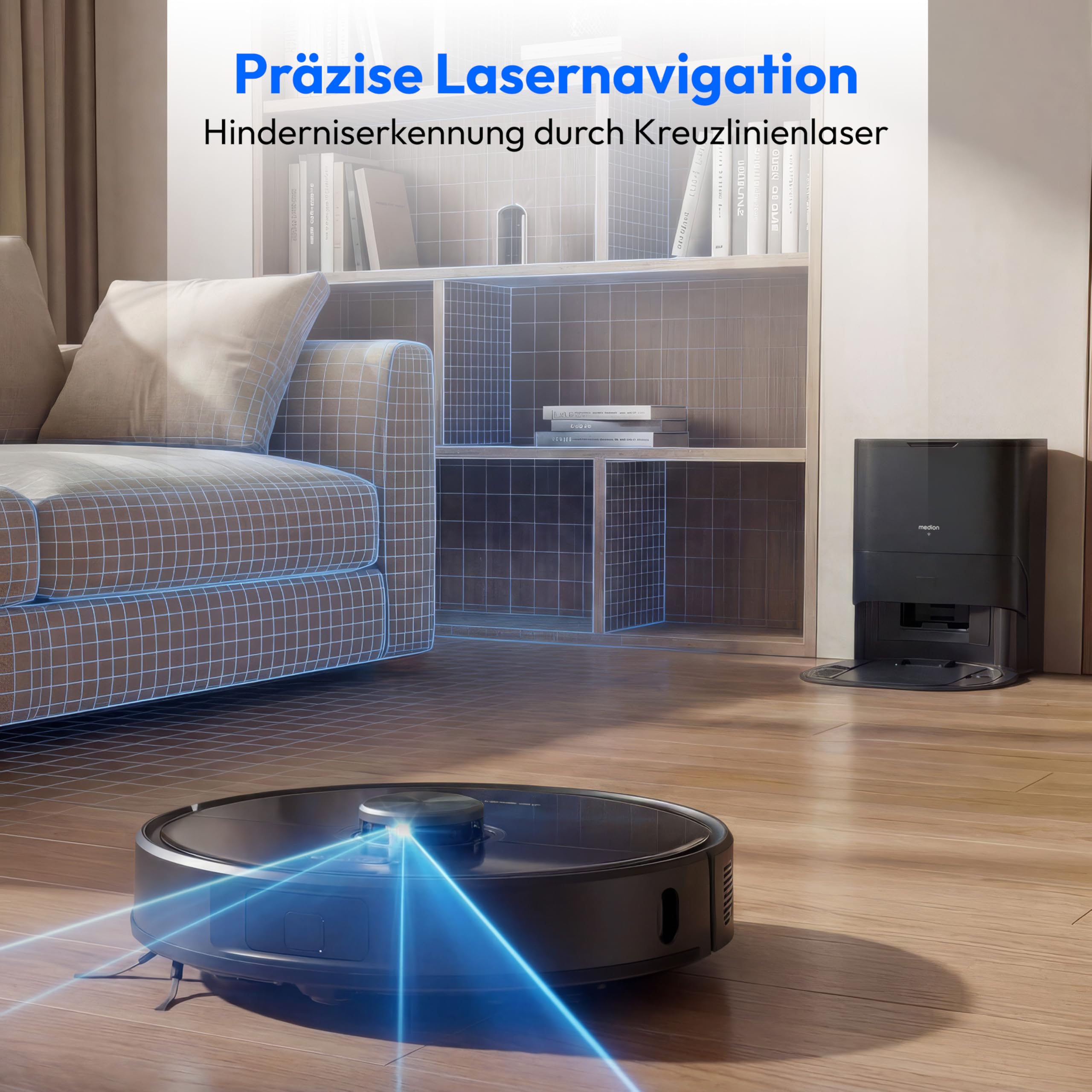MEDION Saugroboter mit 2-in-1 Absaugstation, Lasernavigation und Wischfunktion X51 SW+ (Starke 10000Pa Saugkraft, 2in1 Roboterstaubsauger, rotierende Wischmopps, Kreuzlinienlaser) grau