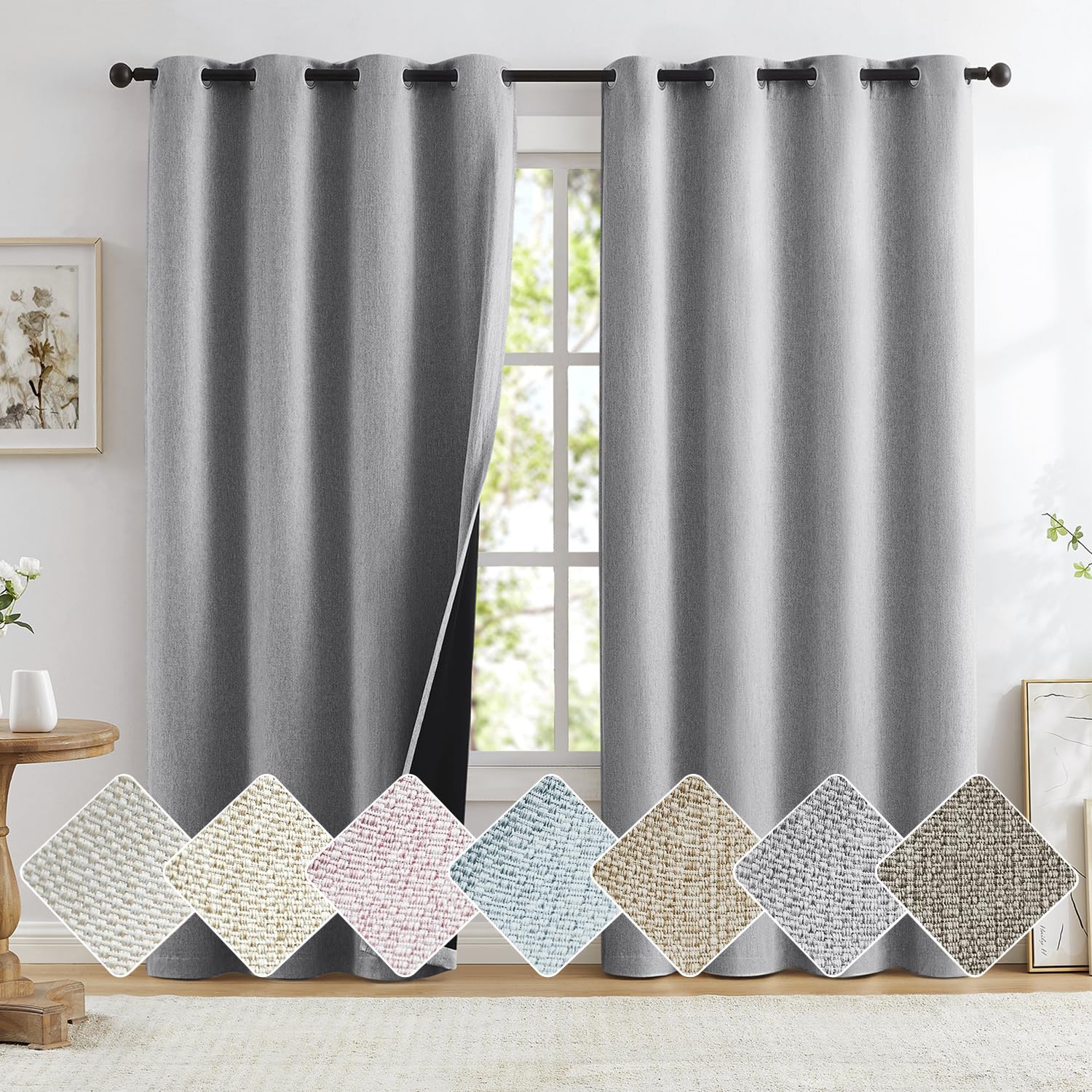 Grey Full Blackout Linen Curtains for Bedroom 84-inch-Long Thermal Insulated Noise Reducing Window Treatment Set of 2 Rustic Farmhouse Triple Weave Curtain Panels, Nursery, 50"x84"x2, Grey