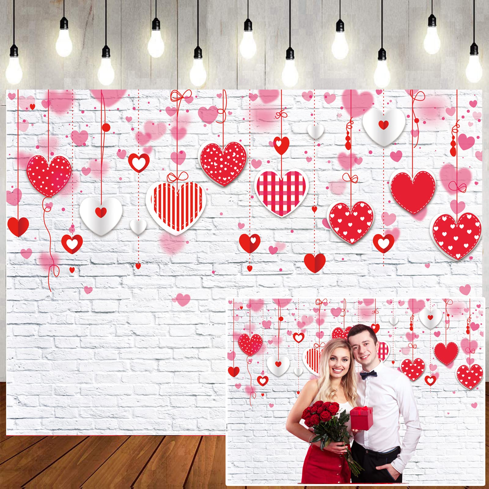 LTLYH7x5ft Valentine's Day White Brick Wall Red Hearts Love Birthday Wedding Party Backdrops 088