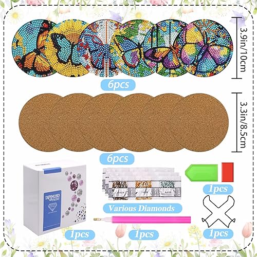 Miniatura 2 de KJMYYXGS Juego de 6 posavasos de pintura de diamante con soporte, kit de posavasos de pintura de diamante de mariposa, posavasos de bebida con base