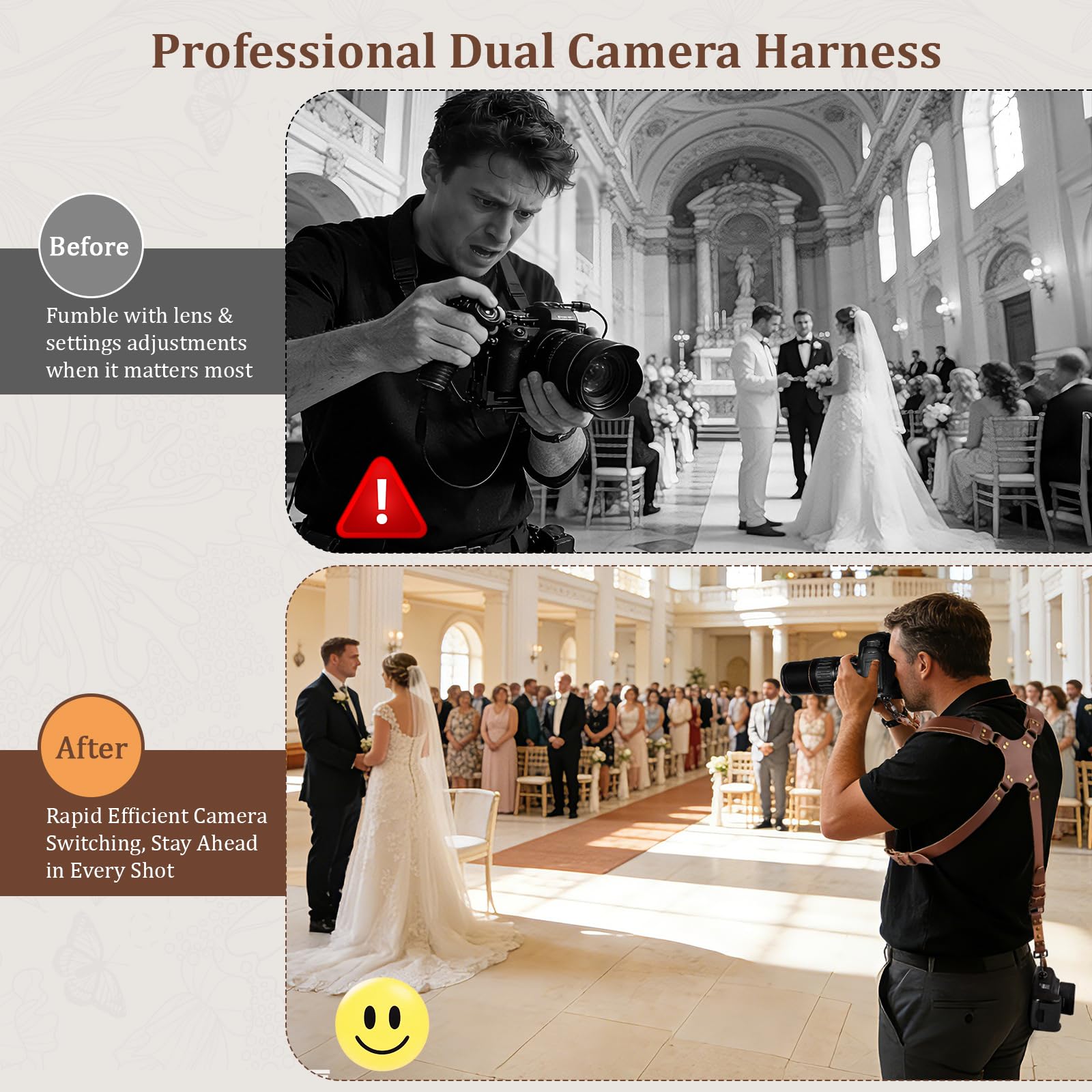 Jumyee Podwójny pasek do aparatu, uprząż aparatu dla fotografów, regulowane podwójne akcesoria do aparatu do 2 kamer, Brązowy (podwójny pasek do aparatu), Dual Camera Strap