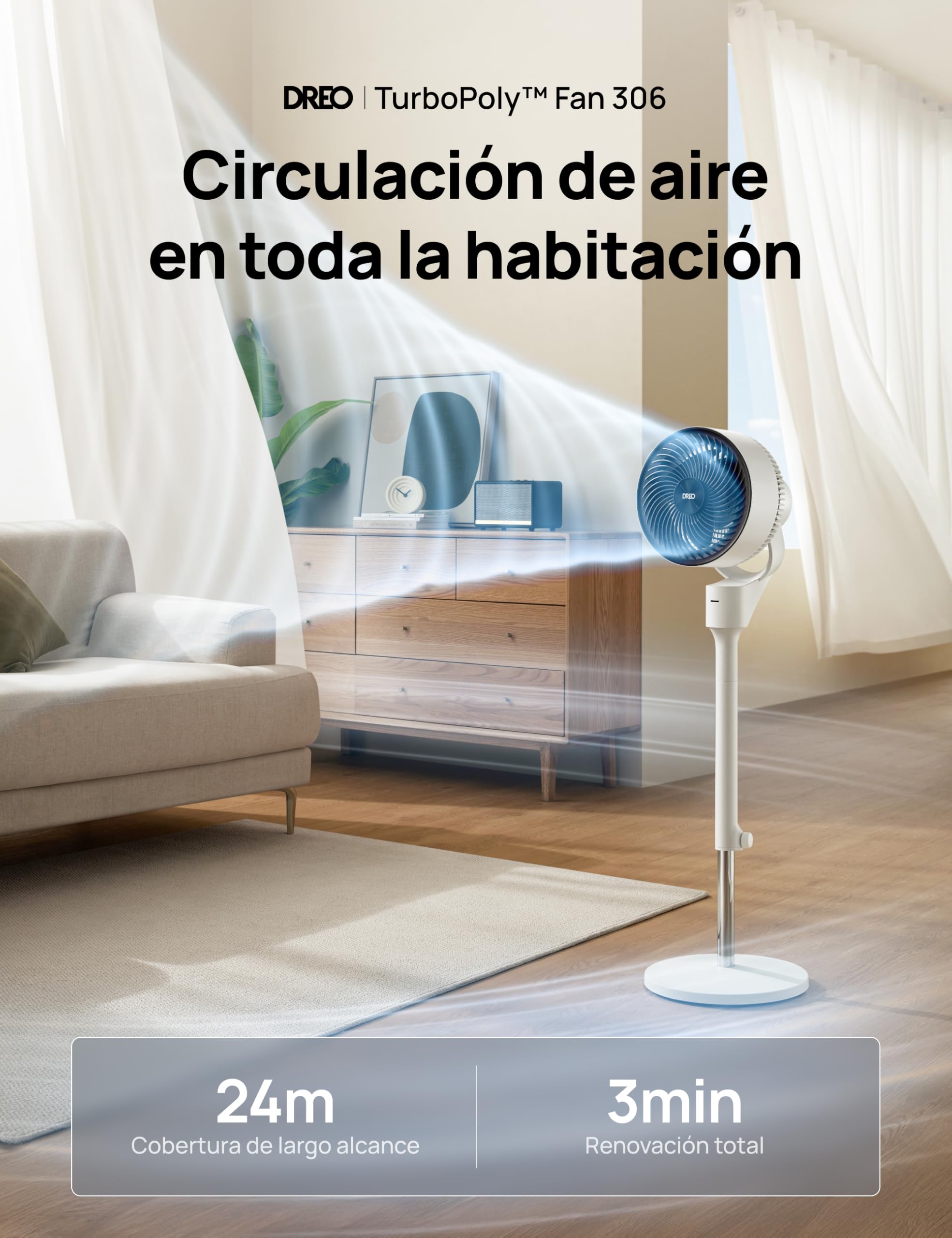Dreo Ventilatore a Piantana Silenzioso 25dB, Oscillazione Orizzontale Automatica 80°, 3 Velocità, Portata fino a 24m, Potente con Telecomando, Inclinazione Verticale Manuale 90°, Timer 6 Ore