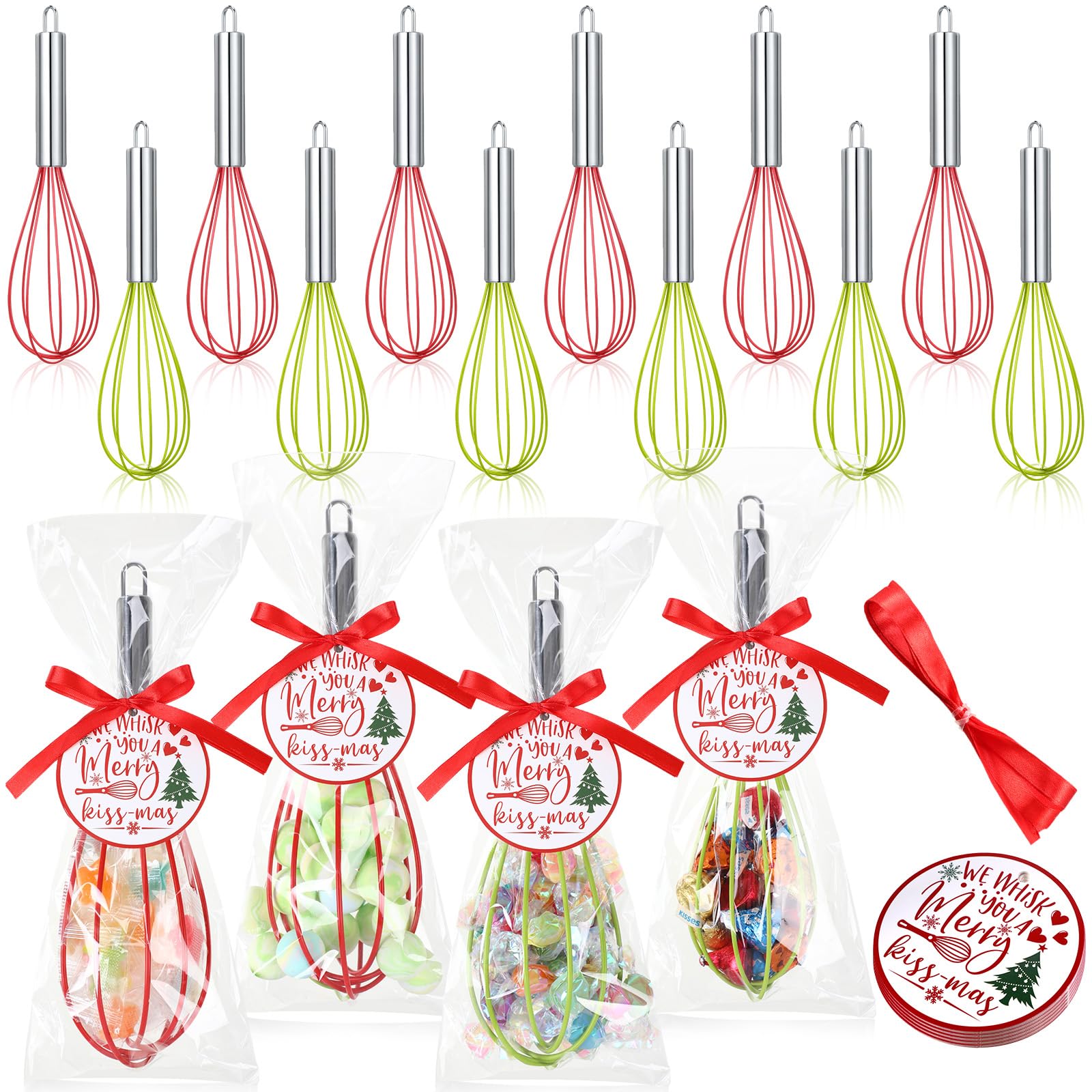 FoldTier 12 Sets 8 Inch Christmas Whisks Gifts DIY Fillable Christmas Tree Ornaments Xmas Colored Silicone Whisks for Cooking Heat Resistant Egg Beaters with Card Rope Bag for Candy Holder
