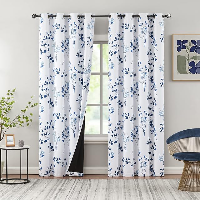 Beauoop Floral Blackout Window Curtain Panels 95% Room Darkening Thermal Insulated Noise Reducing Drapes for Bedroom/Living Room Leaf Eyelet Top Window Treatment, Set of 2, 50W x 72L, White/Navy/Blue
