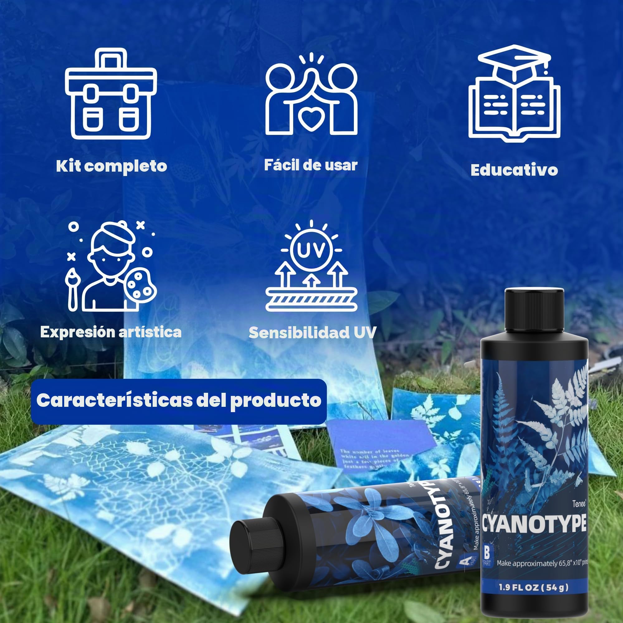 Kit completo de cianotipo, sensibilizador de cianotipo para impresión solar, kit de impresión solar solar para proyectos de proceso fotográfico en tela y papel, sensibilizador de impresiones azules