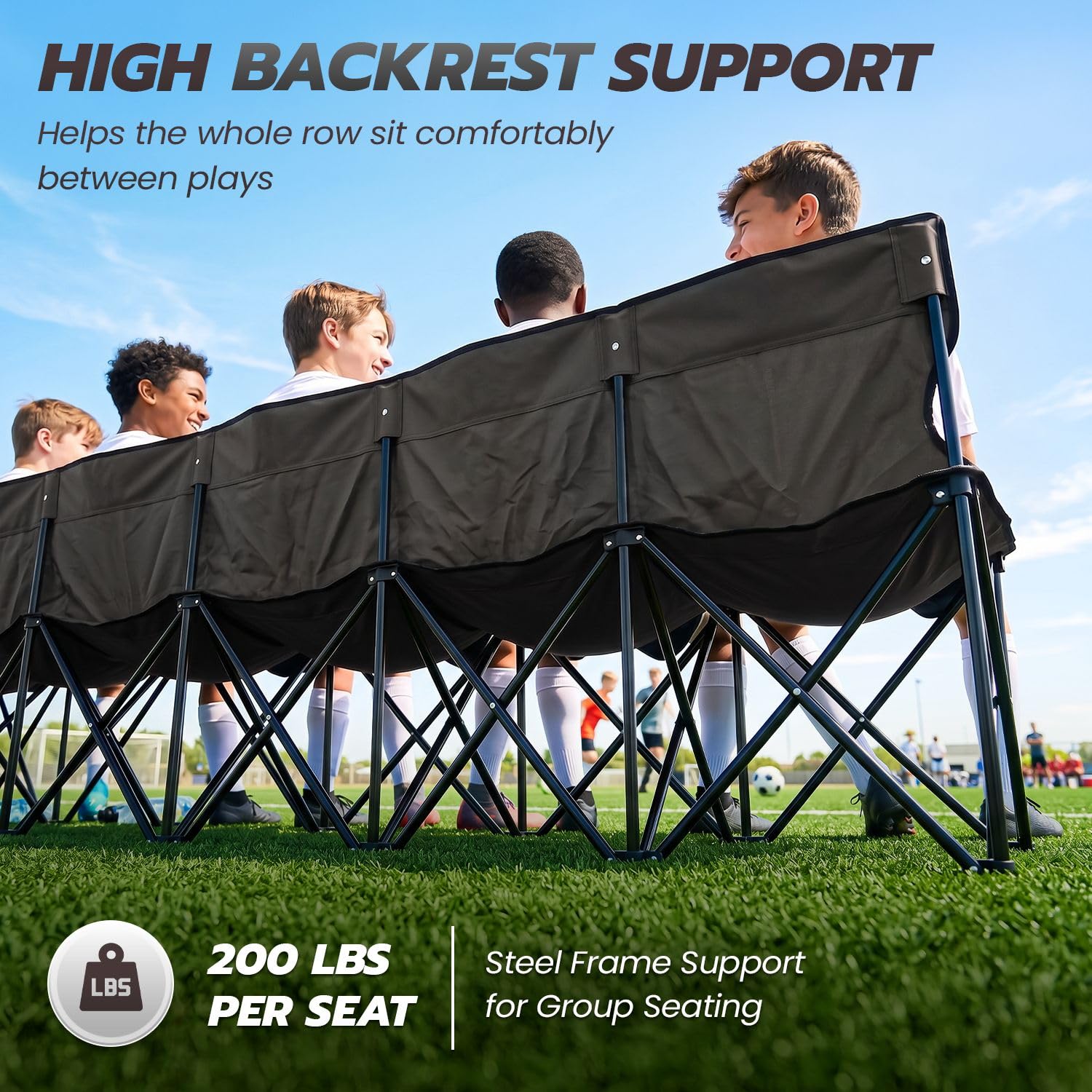 Flexzion Sports Sideline Team ławka z oparciem dla 6 osób, składane siedzisko piłkarskie, przenośne składane krzesło w zestawie torba do przenoszenia - łatwa do złożenia do wybielacza kempingowego, piłki nożnej, pikniku na świeżym powietrzu, czarna