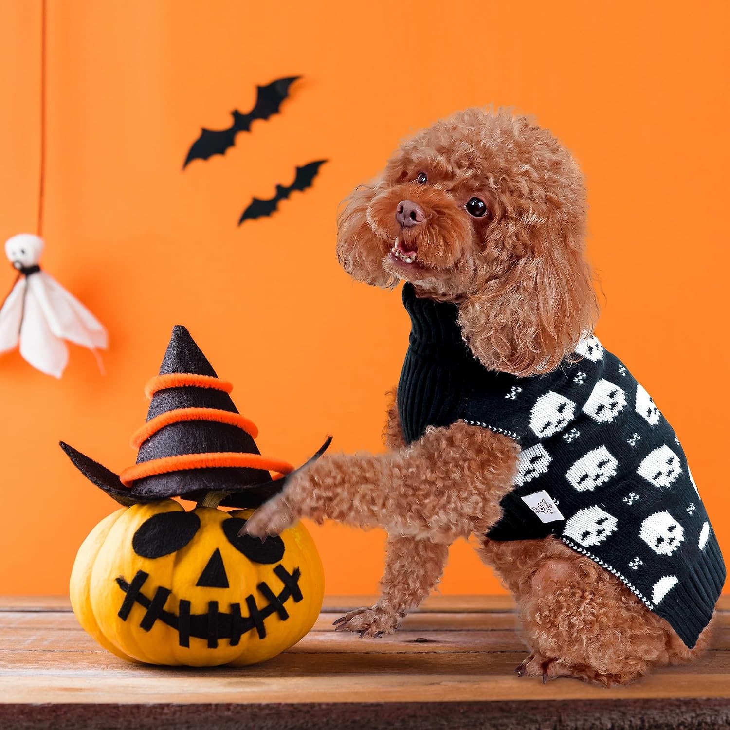CuteBone Skull Turtleneck Dog Sweater with Leash Hole for Small Dogs | Stretch Knit, Warm Turtleneck, Leash Hole, Sizes XS-XXL Available