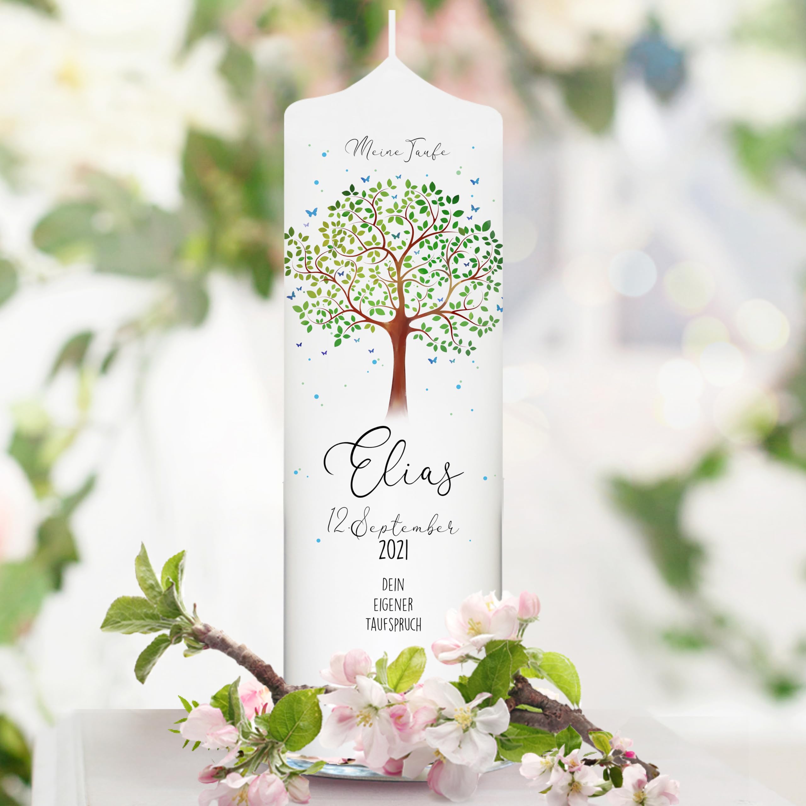 Bougie Baptême personnalisée Garçon motif Arbre de vie – Cierge Baptême avec prénom, date et message – Bougie imprimée – cierge personnalisé – 25 x 7 cm