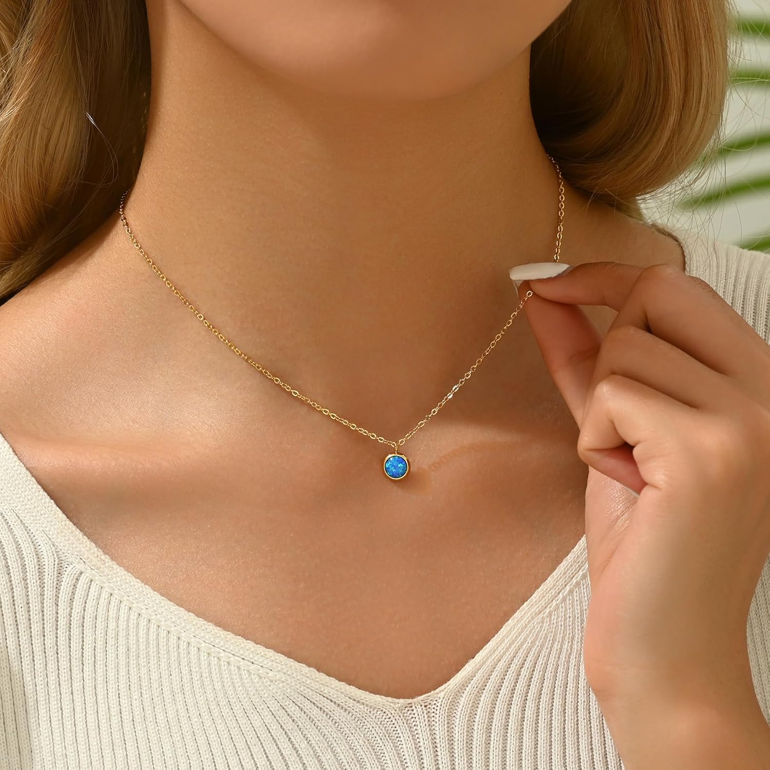 Opal Necklaces for Women Dainty 18K Gold Plated Created Opal Pendant Necklace Simple Round Opal Jewelry Gift - Image 2