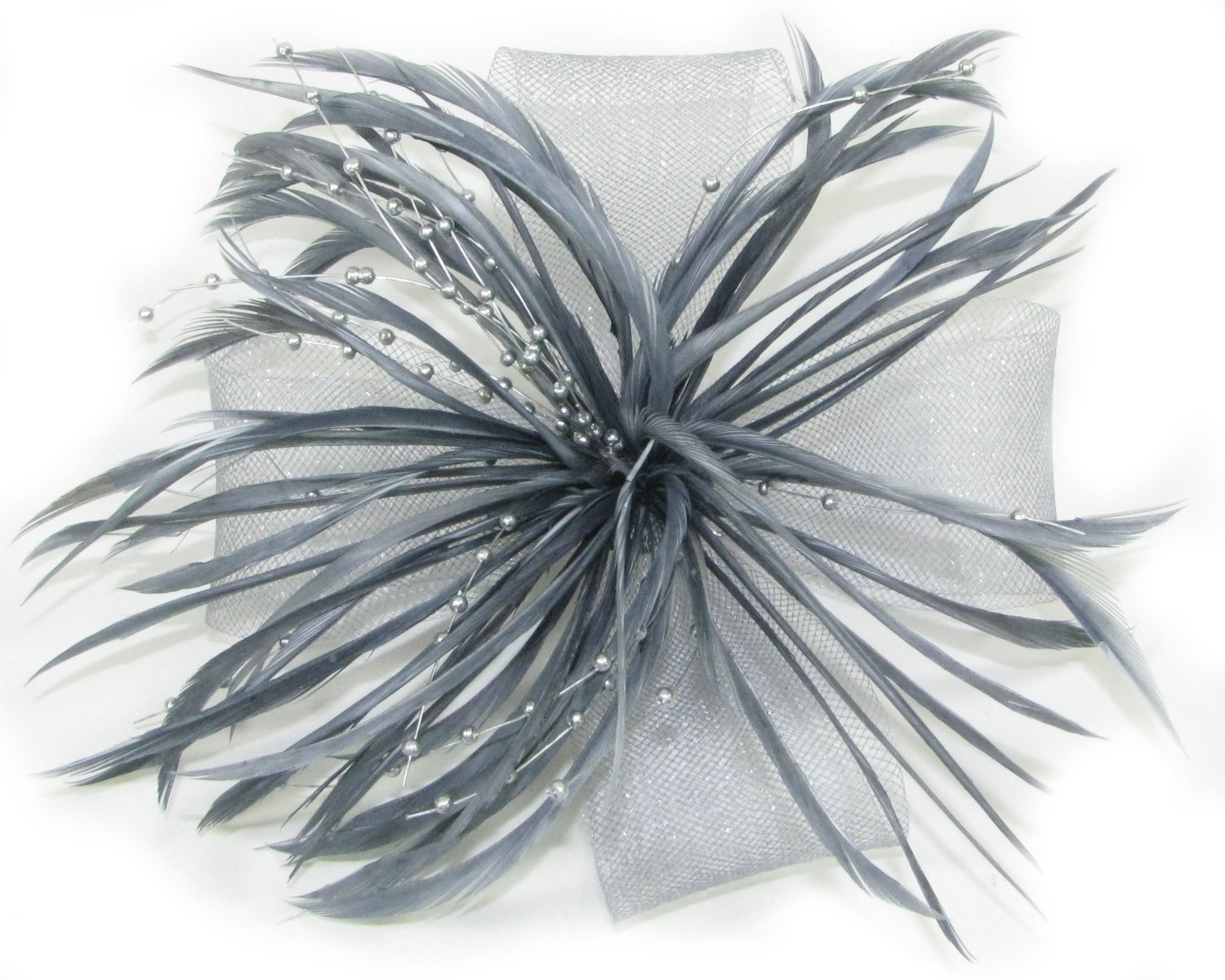 Pretty CoolGrey Feather, Pearl Tendril and Crinoline Bow Clip Fascinator