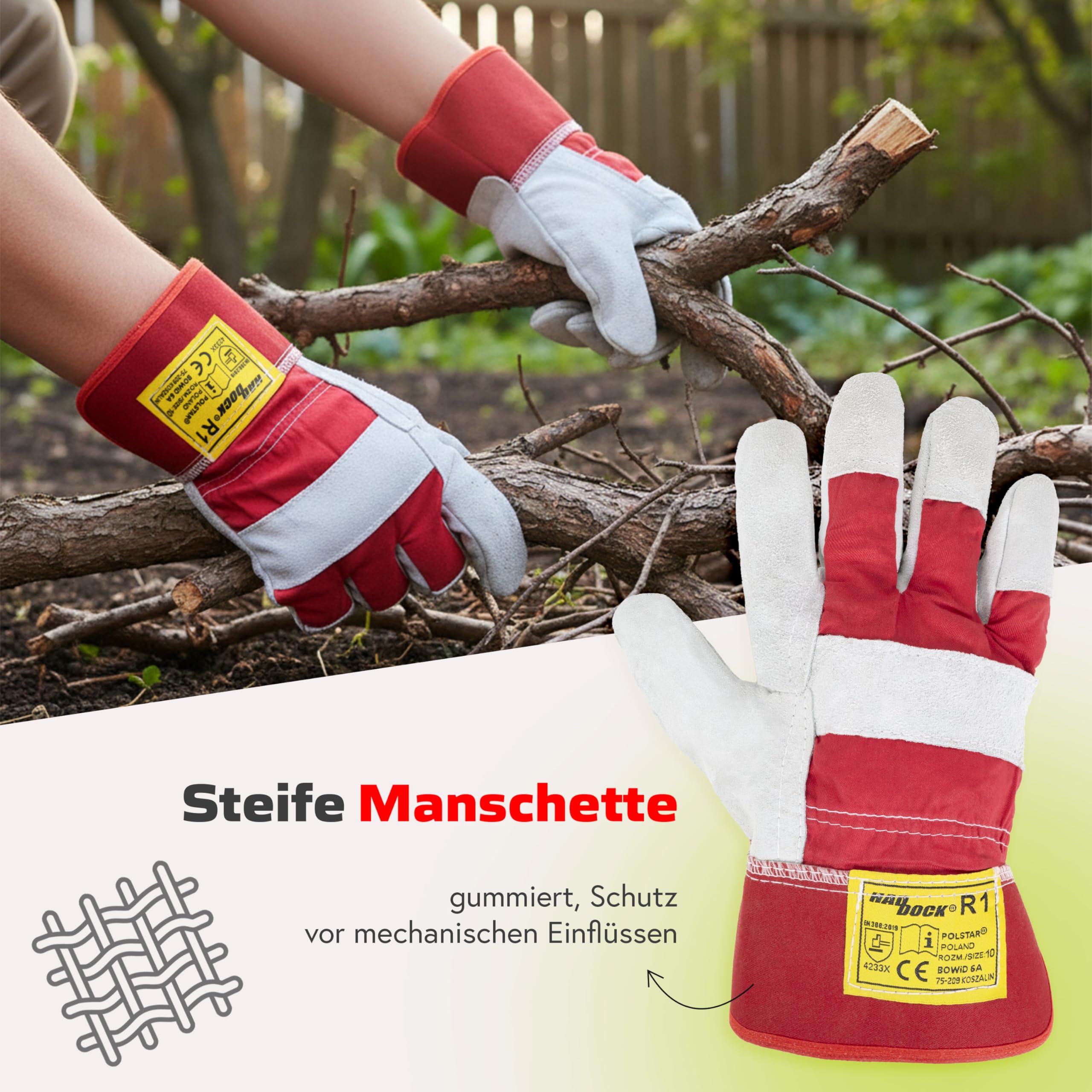 Covent Arbeitshandschuhe Herren Leder Gr 10 - Gartenhandschuhe dornenfest EN388 4233X – Schutzhandschuhe mit einer starren Manschette - mit Leder verstärkt