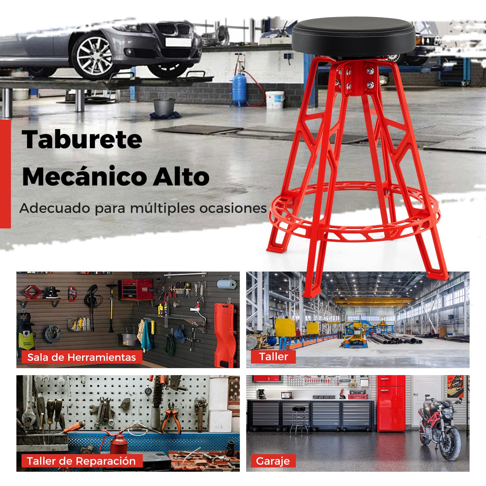 COSTWAY Taburete Mecánico Alto, Taburete de Taller de Aluminio con Asiento Giratorio de 360°, Silla Acolchado con Reposapiés para Taller, Sala de Herramientas, Reparación de Autos, Capacidad de 180 kg
