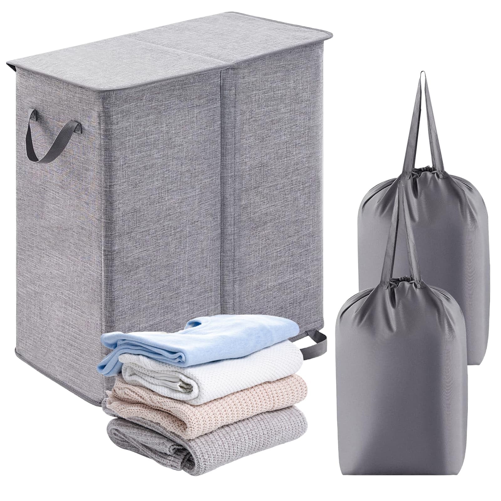 Double-Compartment Laundry Basket with Lid 136L, Foldable Laundry Basket Bag, Double-Layer Independent Detachable Laundry Bucket, Storage Basket for Bedroom, Laundry Room and Living Room