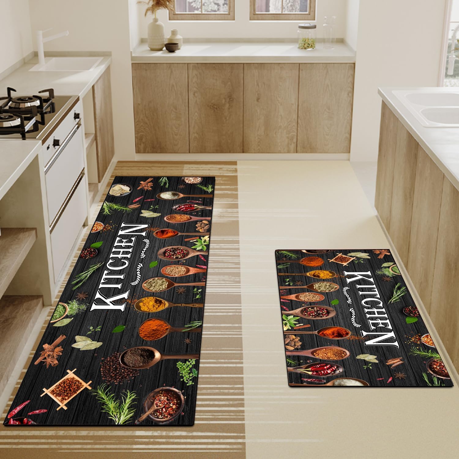 Kitchen Mats for Floor 2 Piece Decorative Set, Farmhouse Spices Kitchen Rug, Absorbent Washable Non-Slip Floor Mats 17x30+17x47 Inches