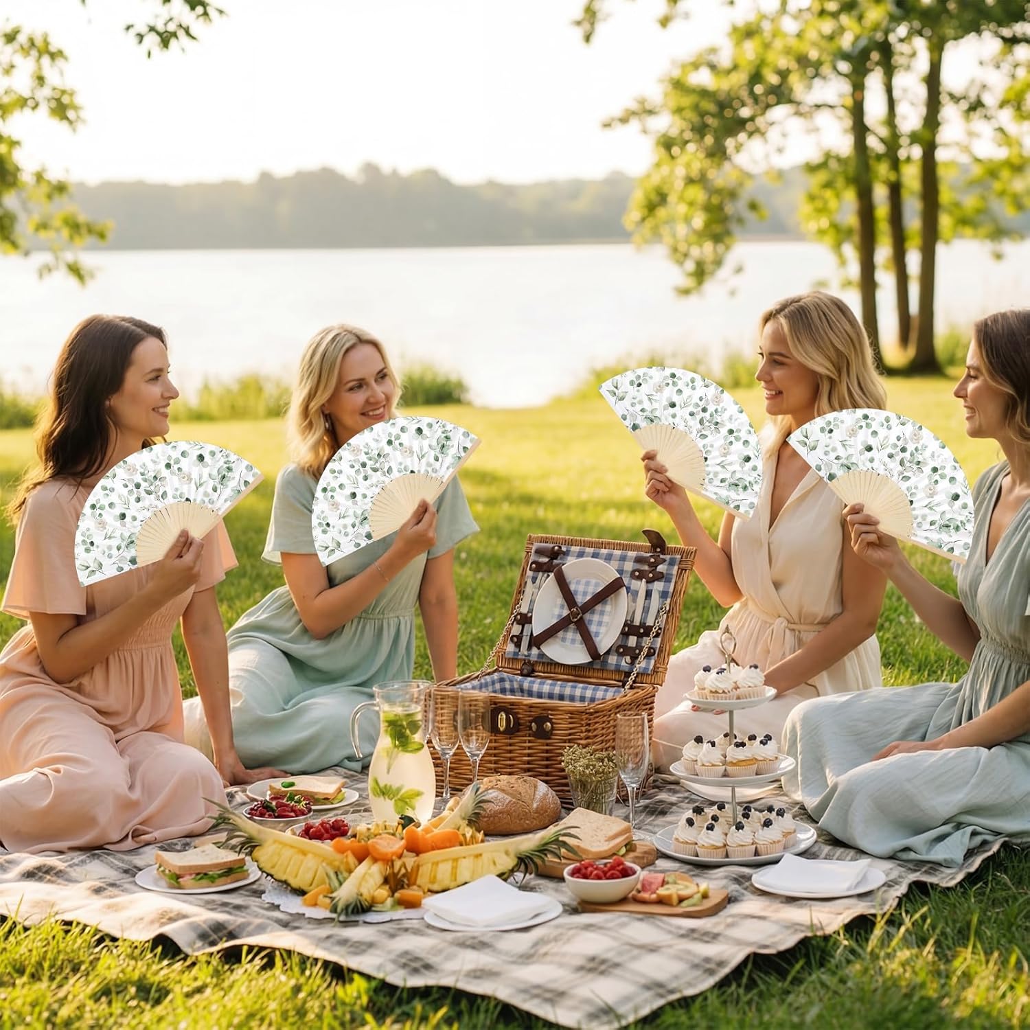 25 Pcs Sage Green Eucalyptus Leaf Folding Hand Fan Bulk with Organza Bags Greenery Tea Party Favors for Guests Foldable Handheld Paper Fans for Wedding Bridal Shower Party Supplies